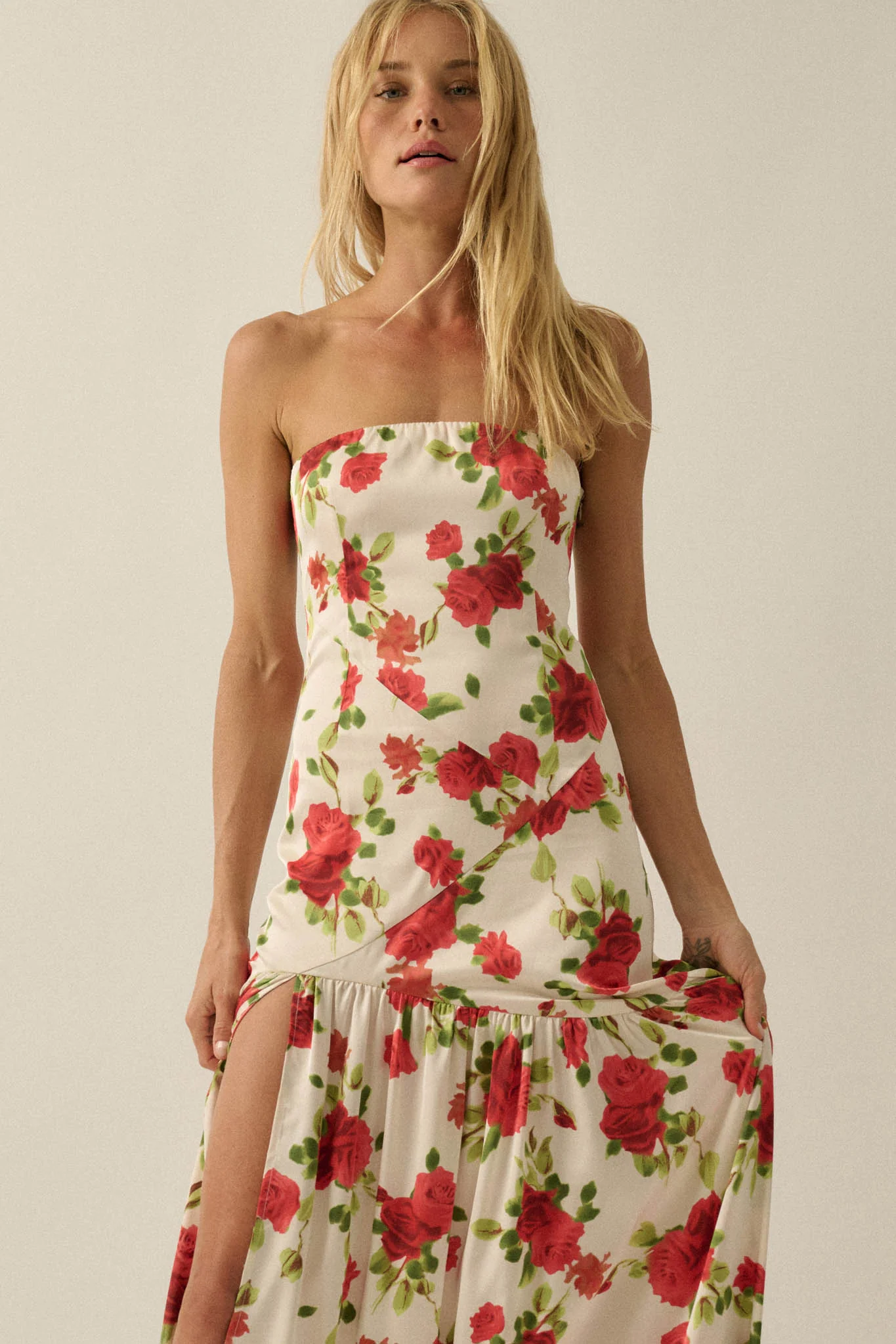 Rose Garden Floral-Print Satin Strapless Maxi Dress - Image 10