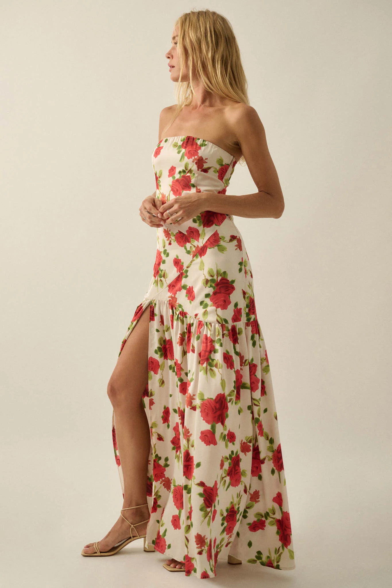 Rose Garden Floral-Print Satin Strapless Maxi Dress - Image 11