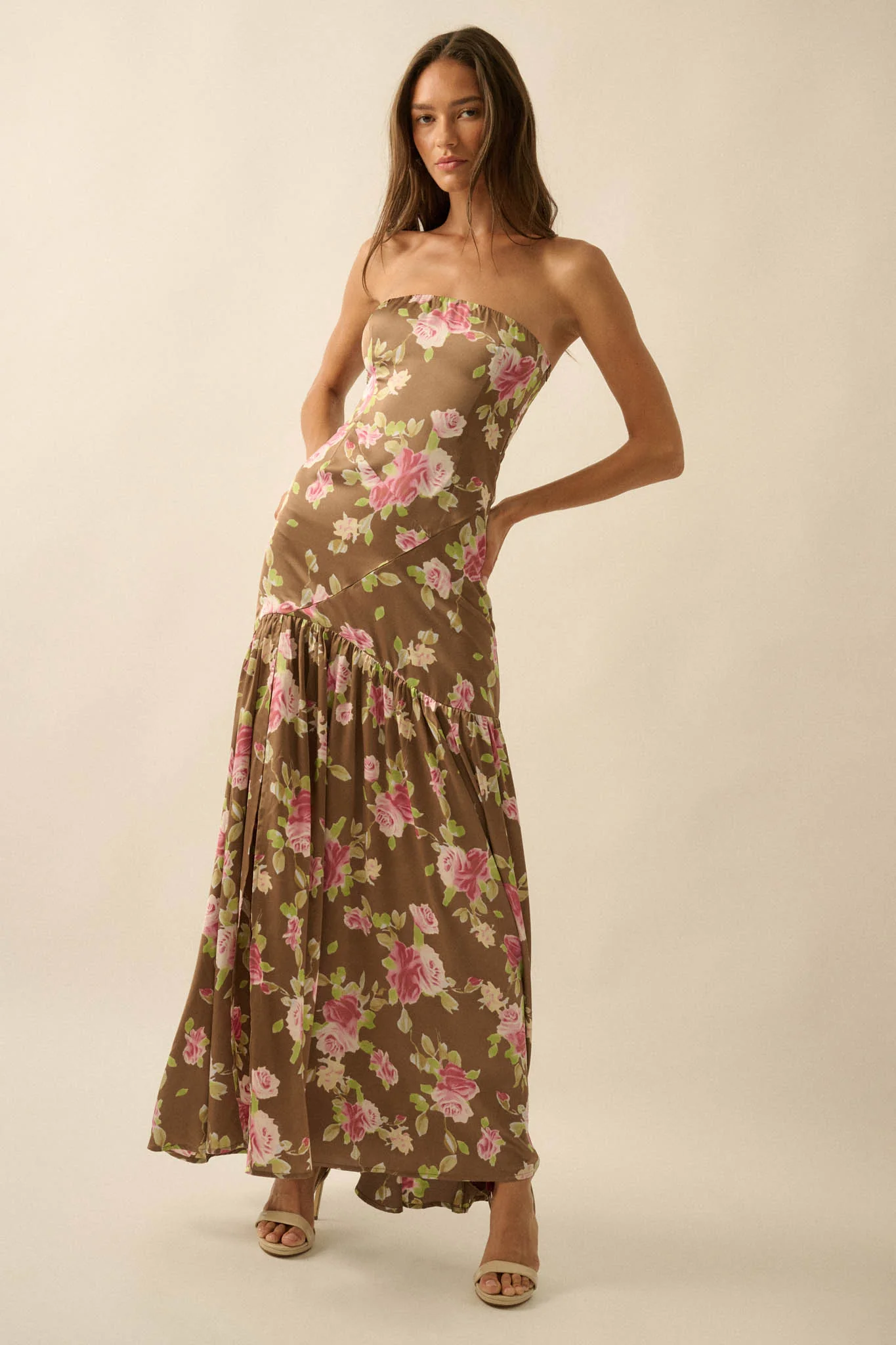 Rose Garden Floral-Print Satin Strapless Maxi Dress - Image 3