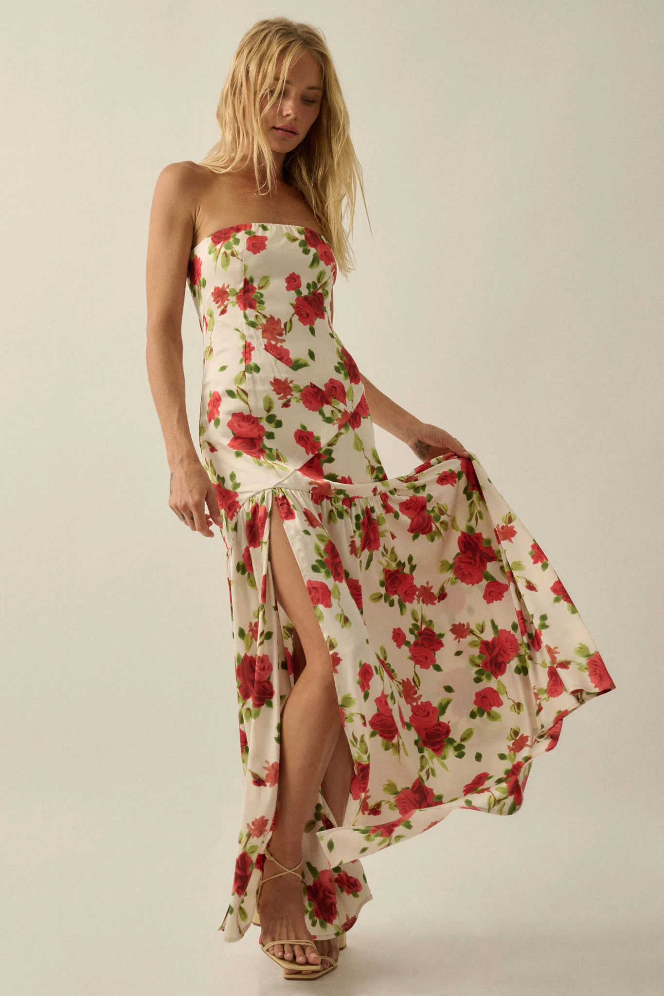 Rose Garden Floral-Print Satin Strapless Maxi Dress - Image 7