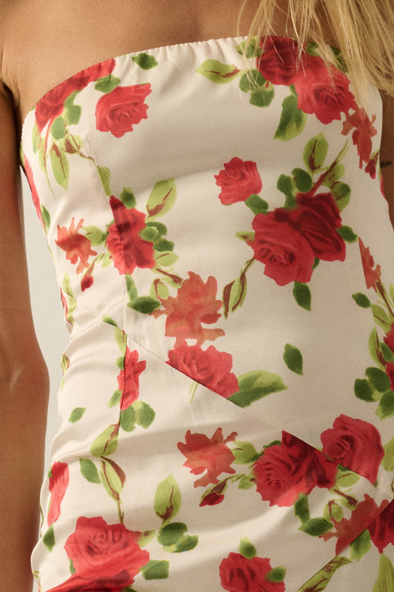 Rose Garden Floral-Print Satin Strapless Maxi Dress - Image 8