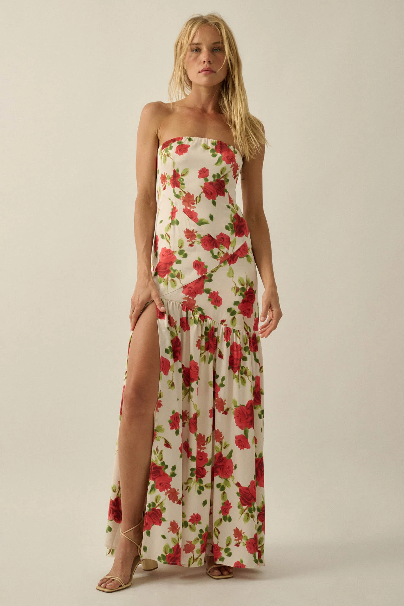 Rose Garden Floral-Print Satin Strapless Maxi Dress - Image 9