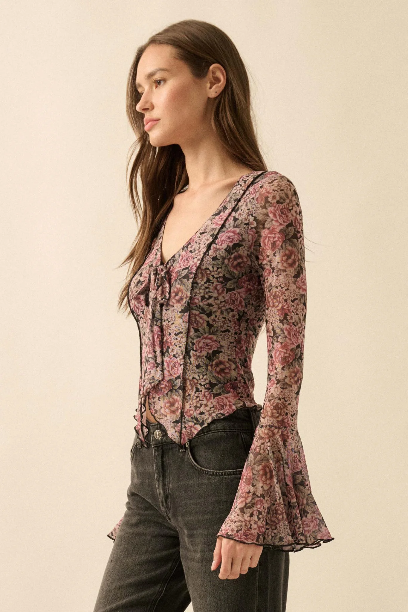 Rose Knows Floral Mesh Tie-Front Bell-Sleeve Top - Image 11