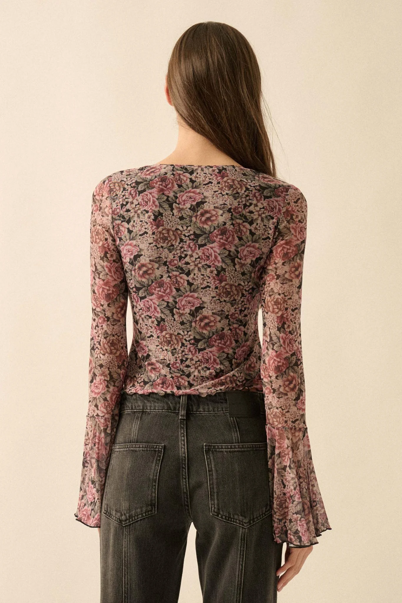 Rose Knows Floral Mesh Tie-Front Bell-Sleeve Top - Image 12