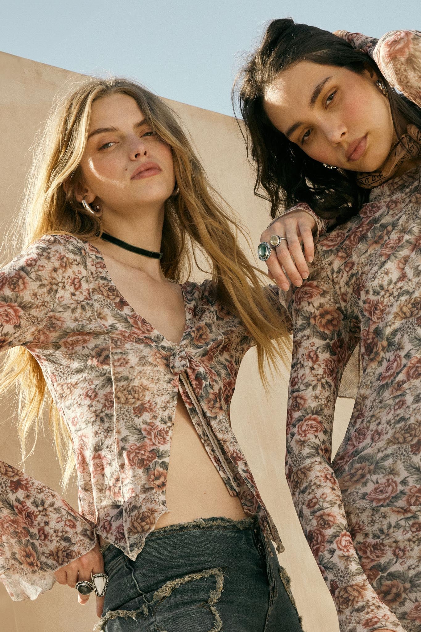 Rose Knows Floral Mesh Tie-Front Bell-Sleeve Top - Image 2