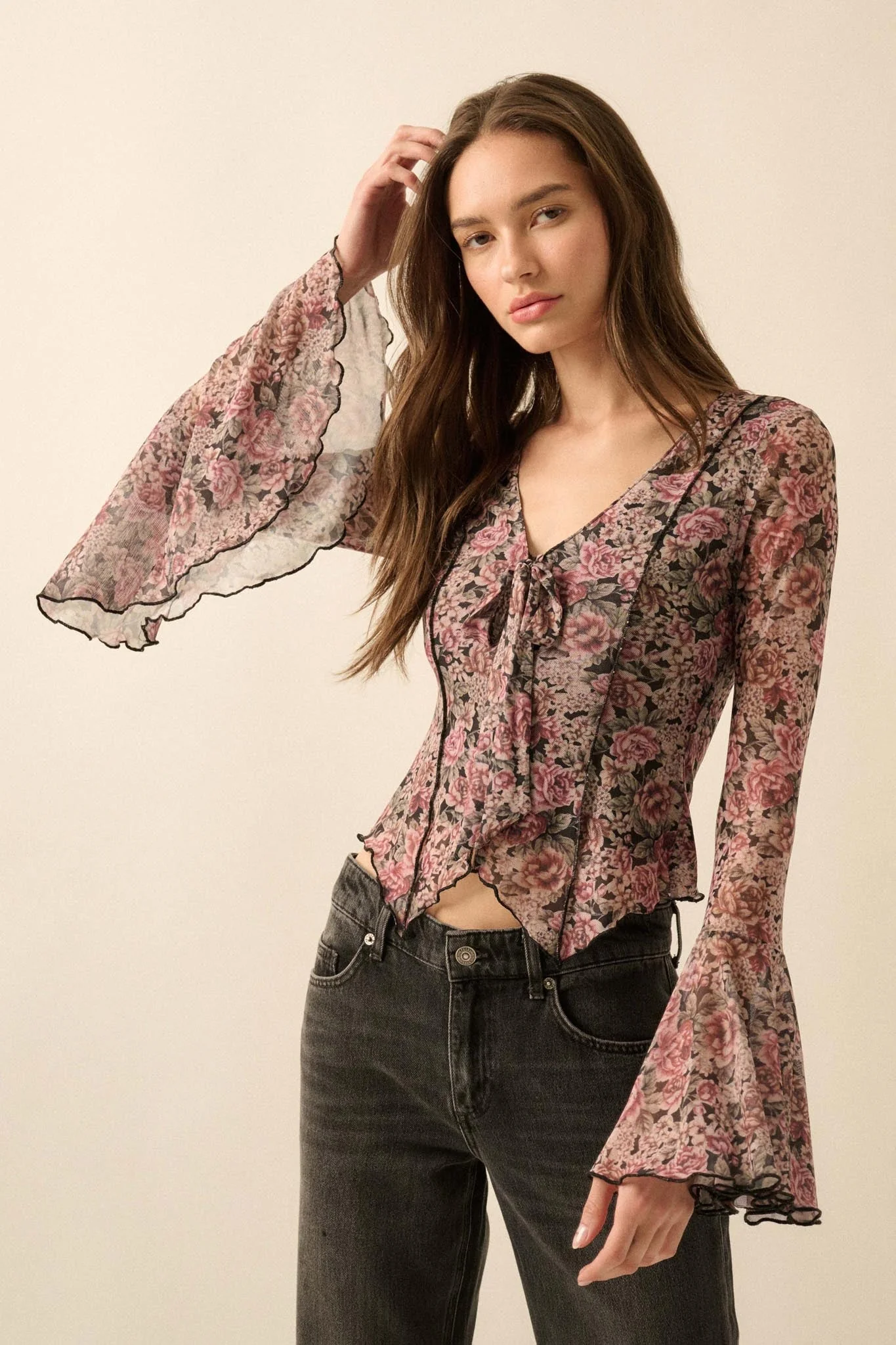 Rose Knows Floral Mesh Tie-Front Bell-Sleeve Top - Image 7
