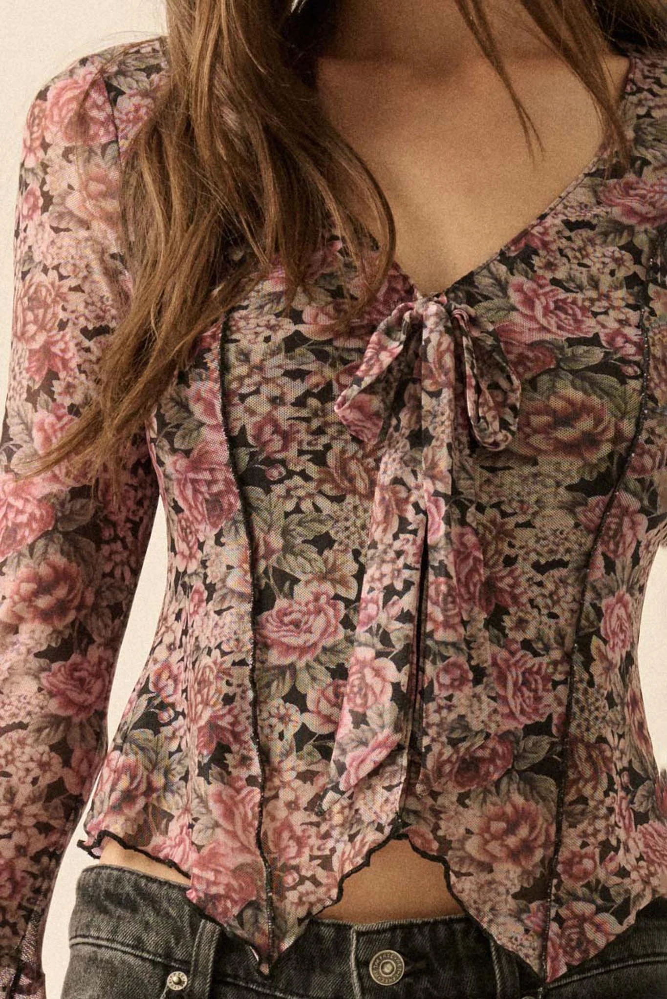 Rose Knows Floral Mesh Tie-Front Bell-Sleeve Top - Image 8