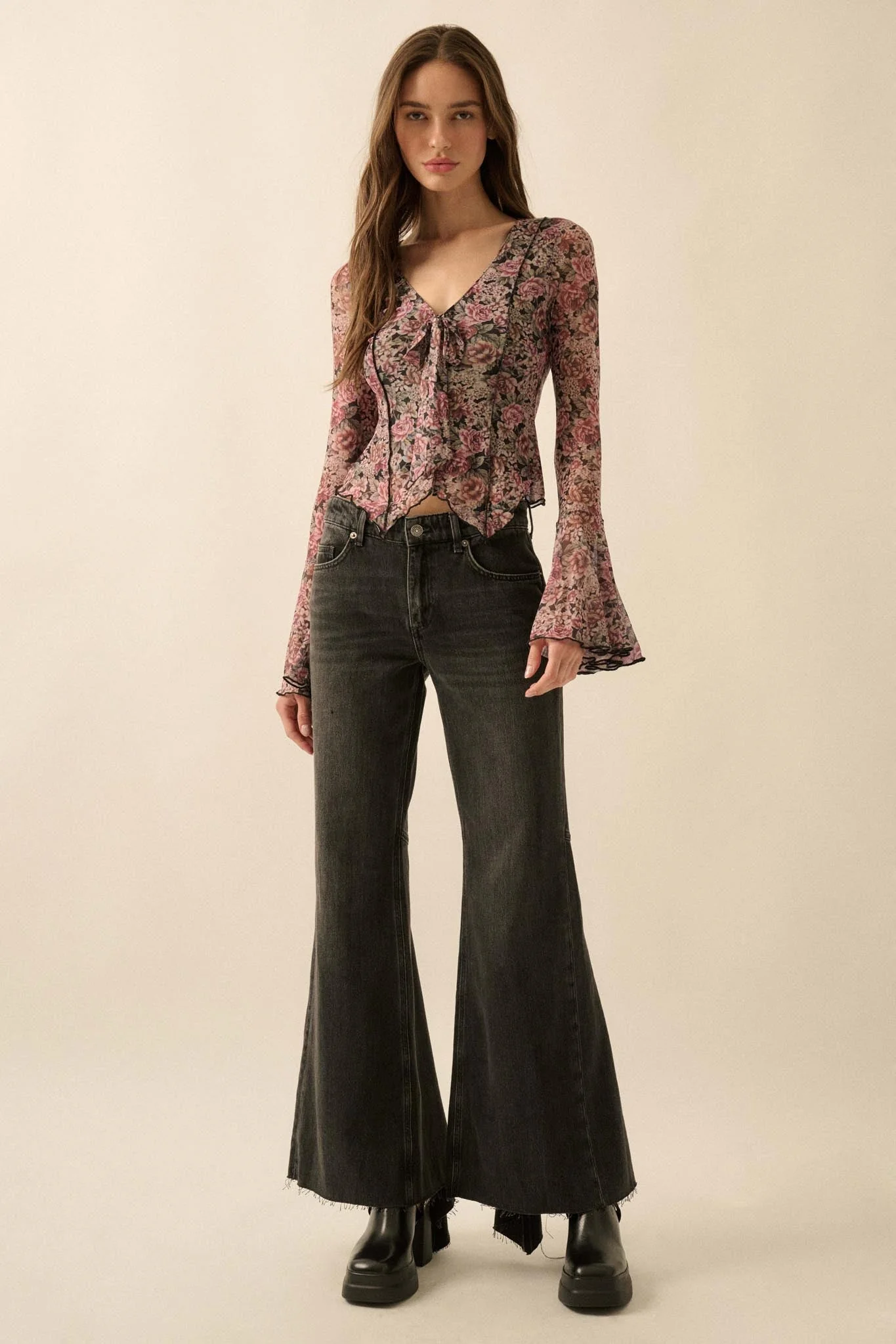 Rose Knows Floral Mesh Tie-Front Bell-Sleeve Top - Image 9