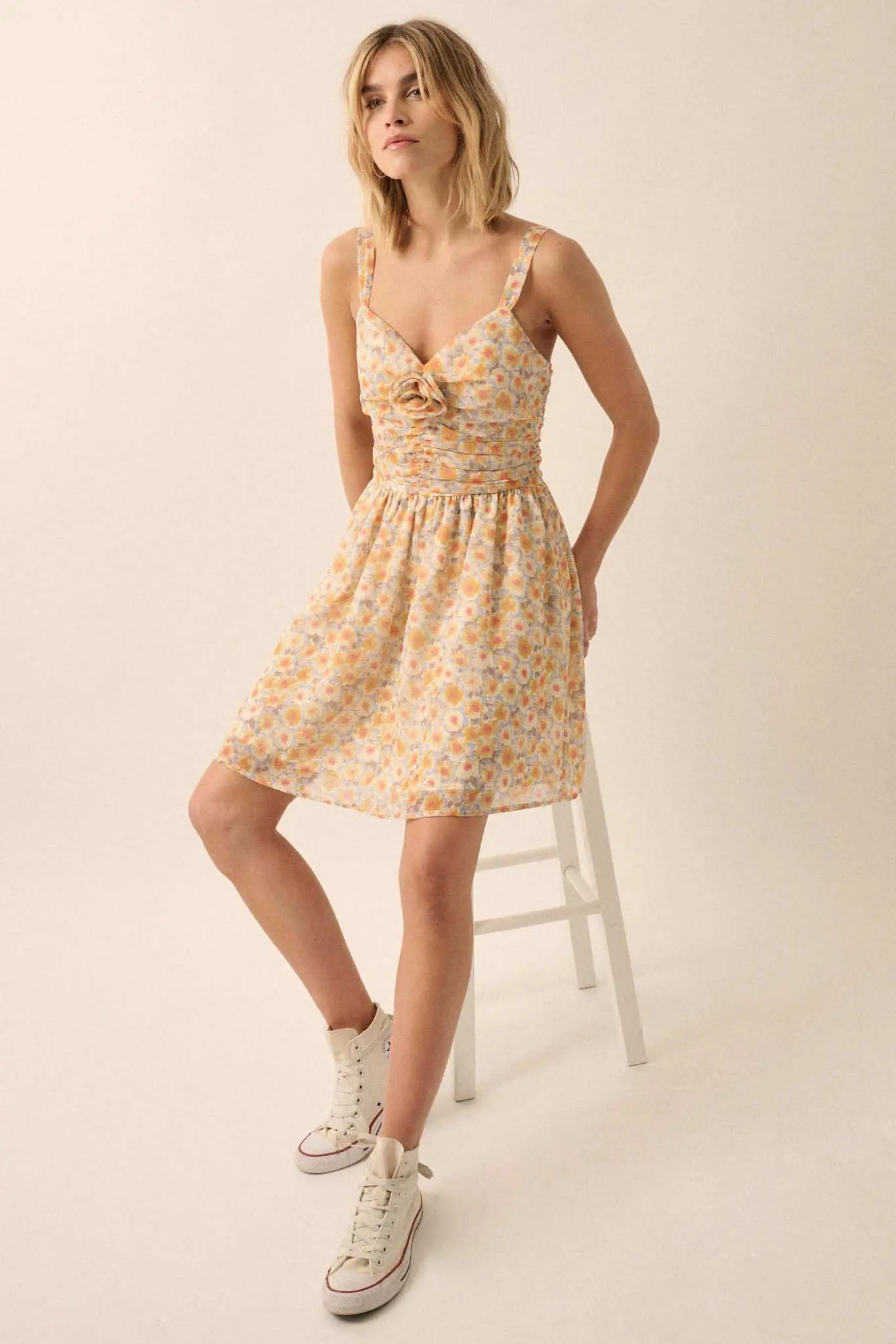 Rosy Romance Ruched Floral Chiffon Mini Sundress - Image 3