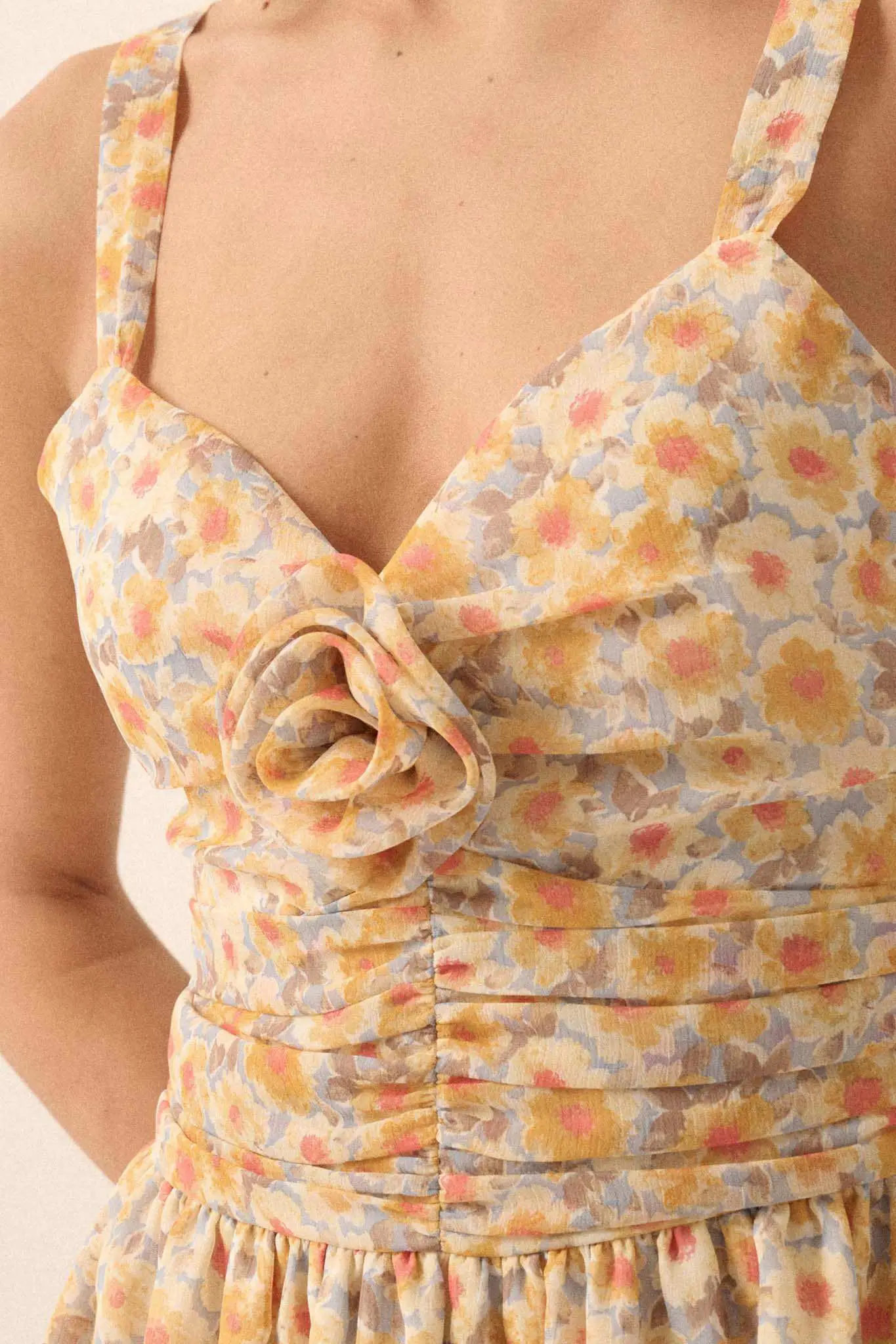 Rosy Romance Ruched Floral Chiffon Mini Sundress - Image 4