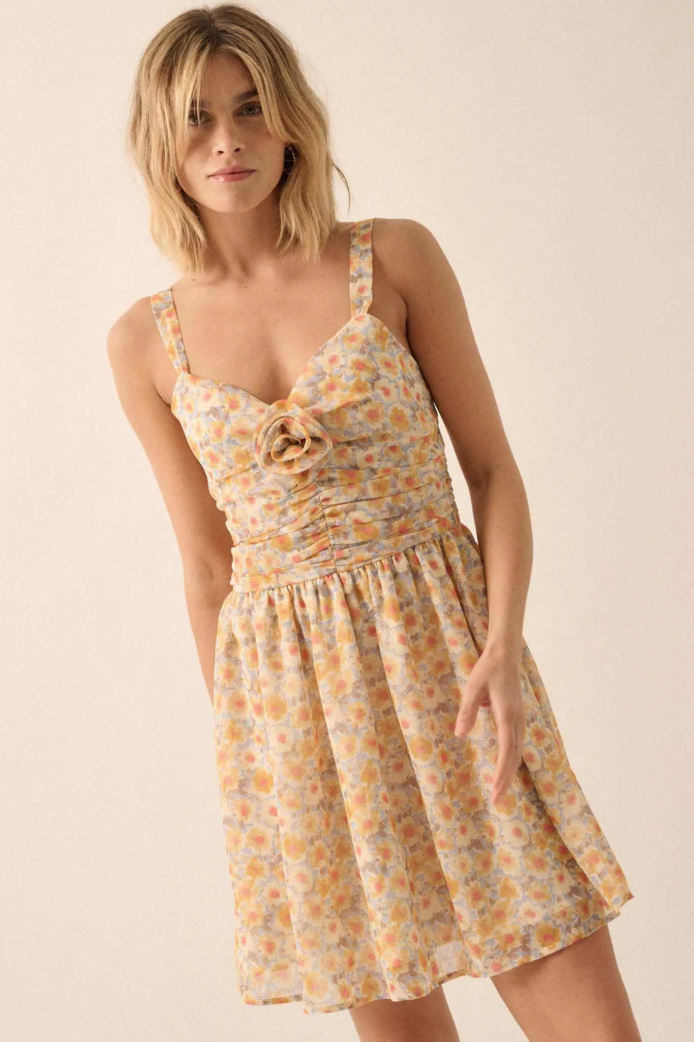 Rosy Romance Ruched Floral Chiffon Mini Sundress - Image 5