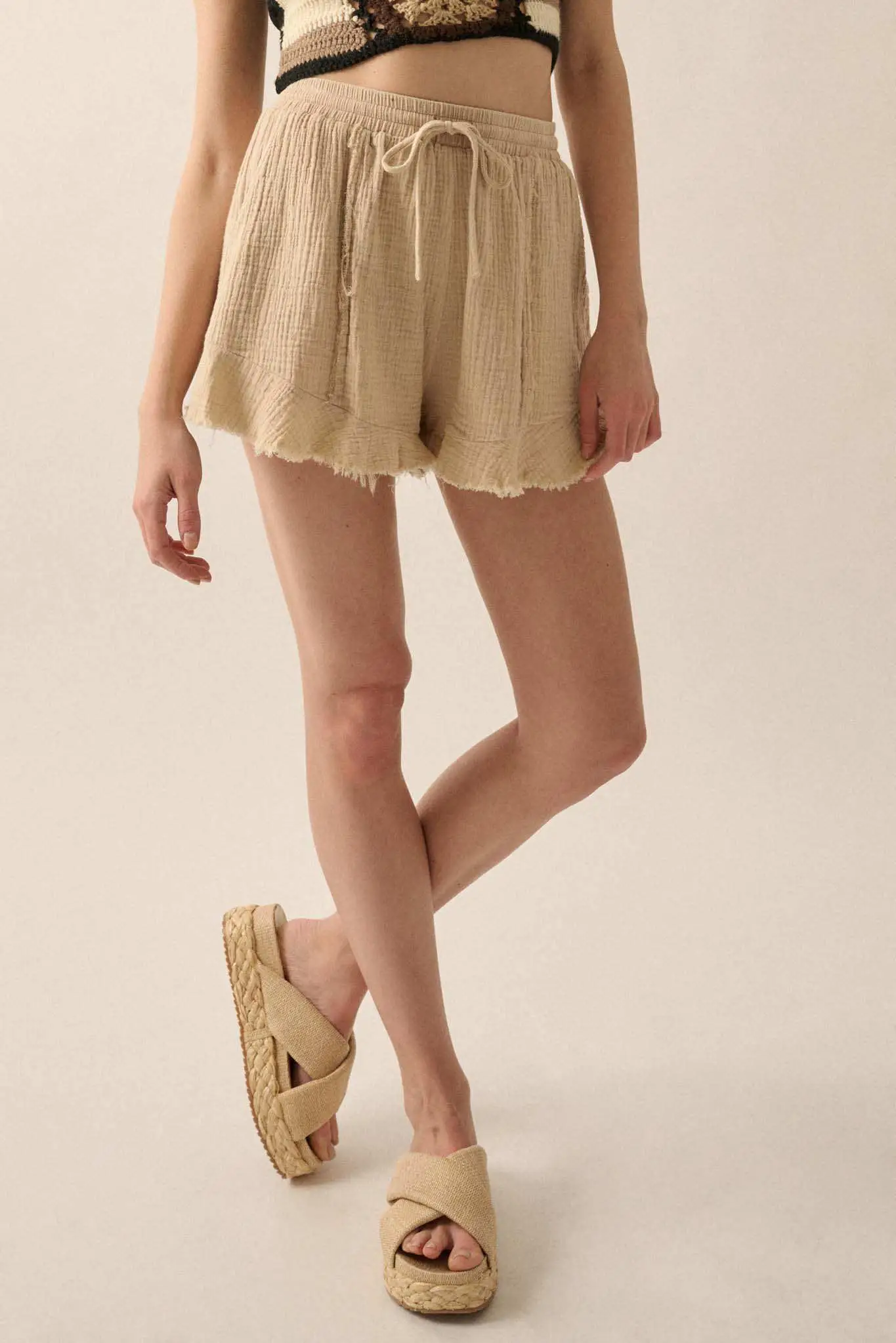 Ruffle and Ready Crinkle Cotton Raw-Edge Shorts - Image 4