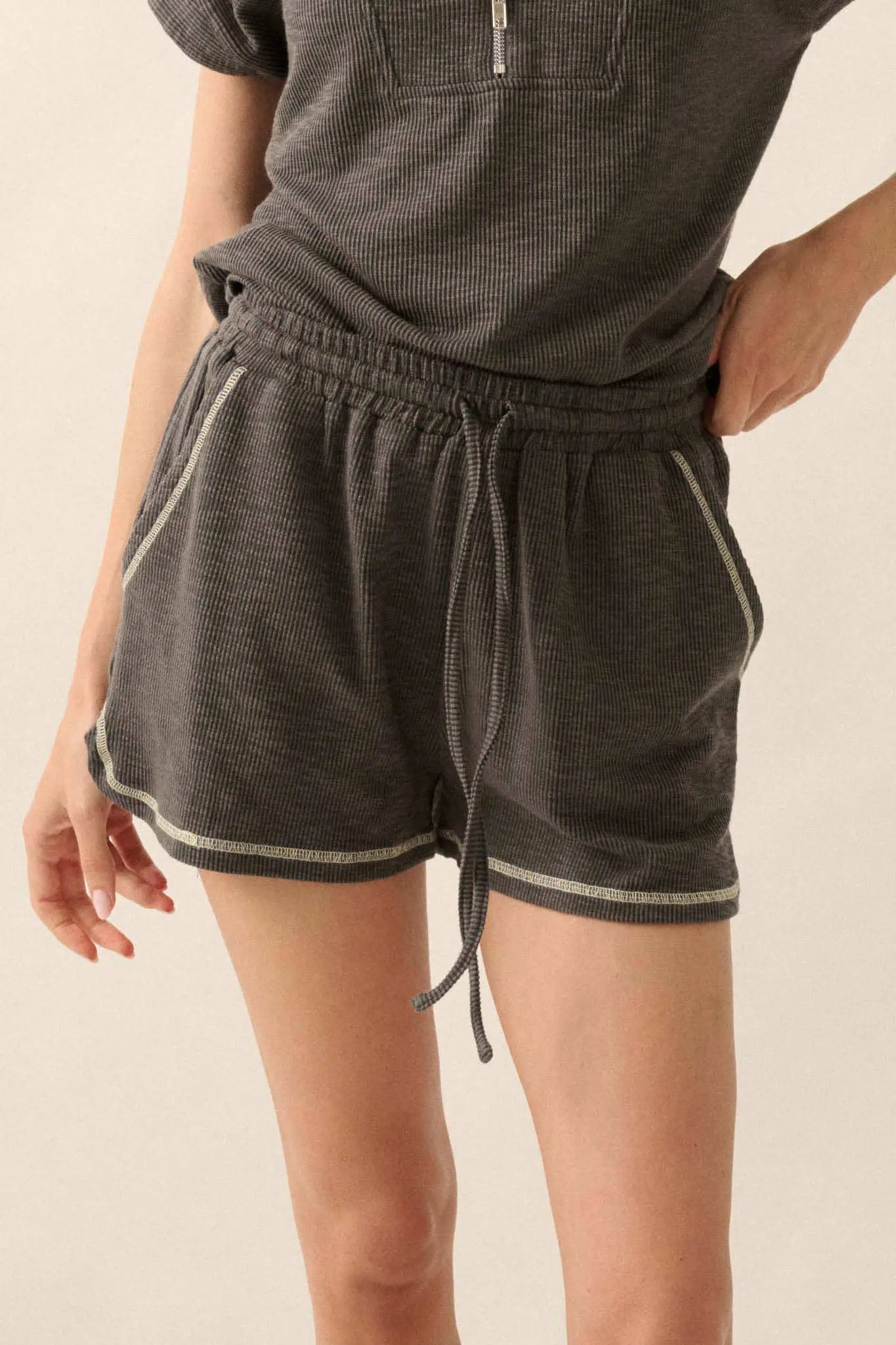 Run the Show Contrast-Stitch Rib-Knit Shorts