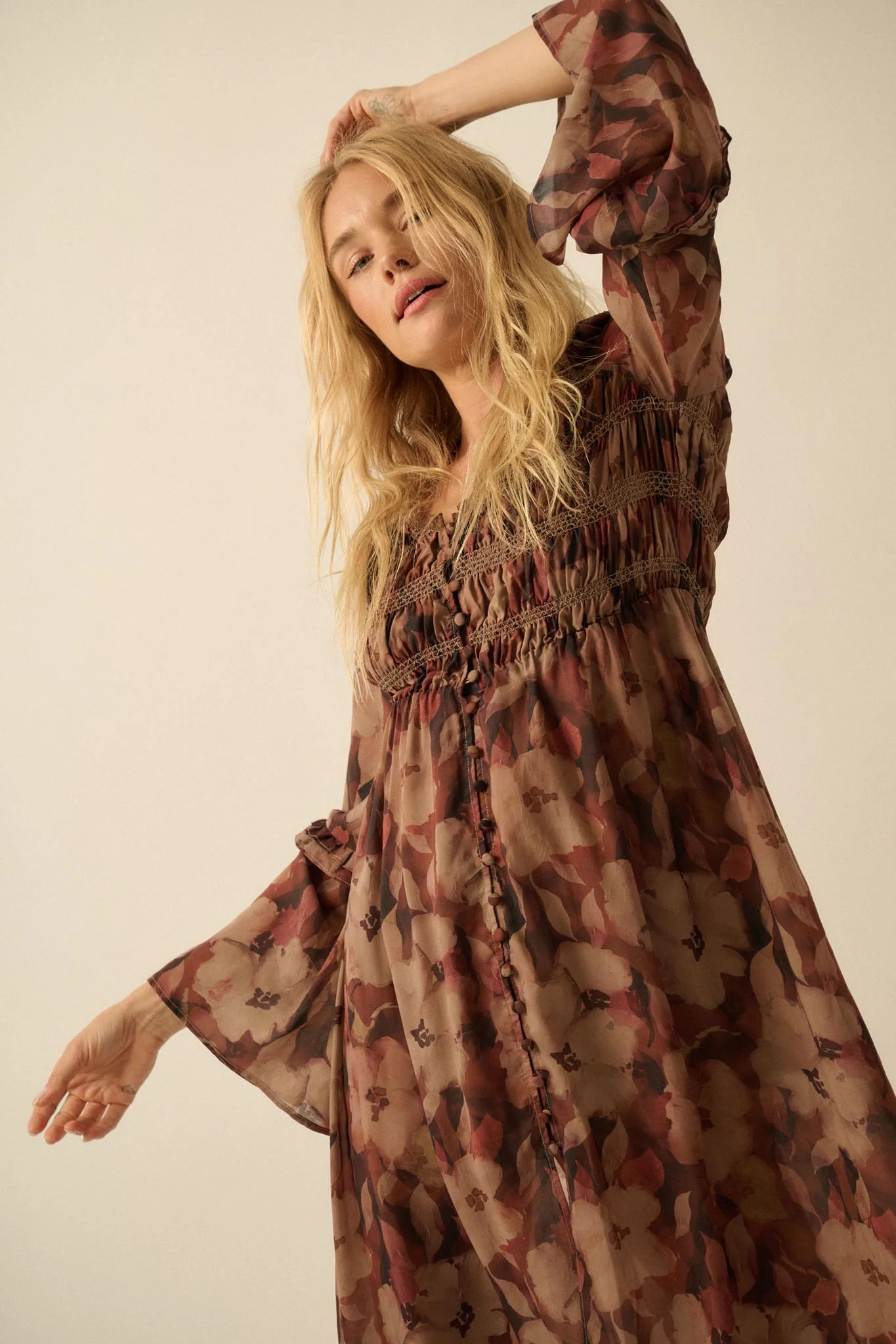 Russet Blossoms Floral Bell-Sleeve Midi Dress - Image 2