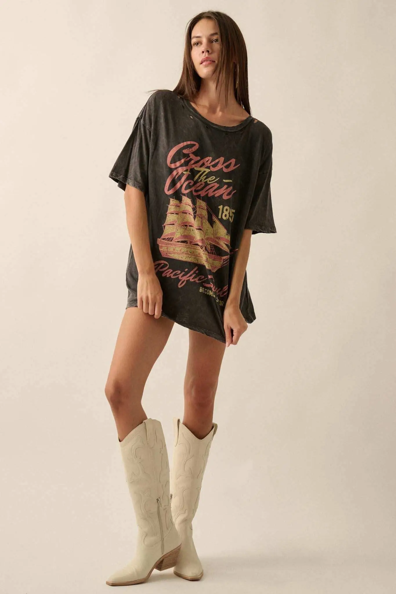 Sailing Ship Distressed Vintage-Wash Graphic Tee
