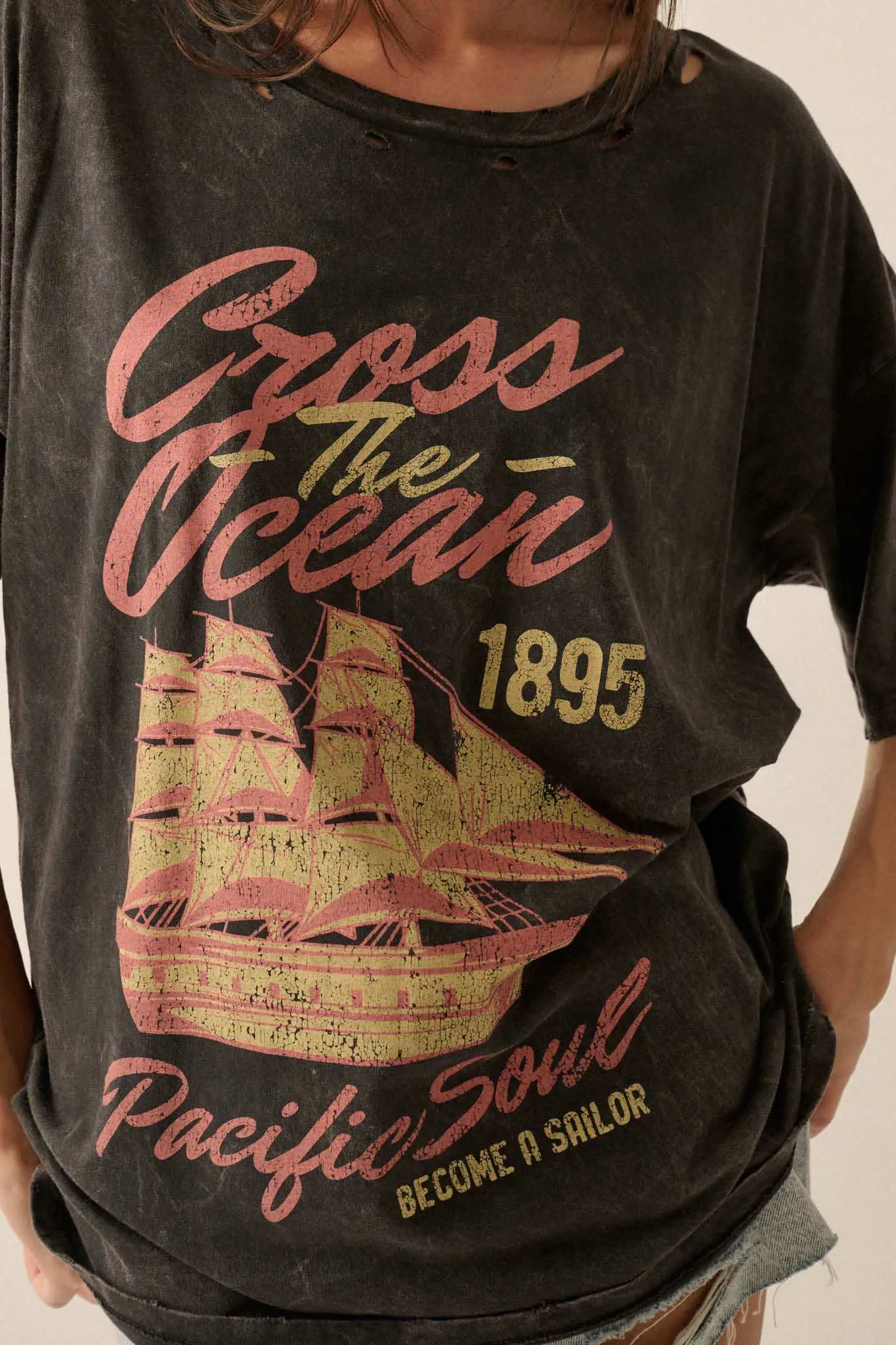 Sailing Ship Distressed Vintage-Wash Graphic Tee - Image 2