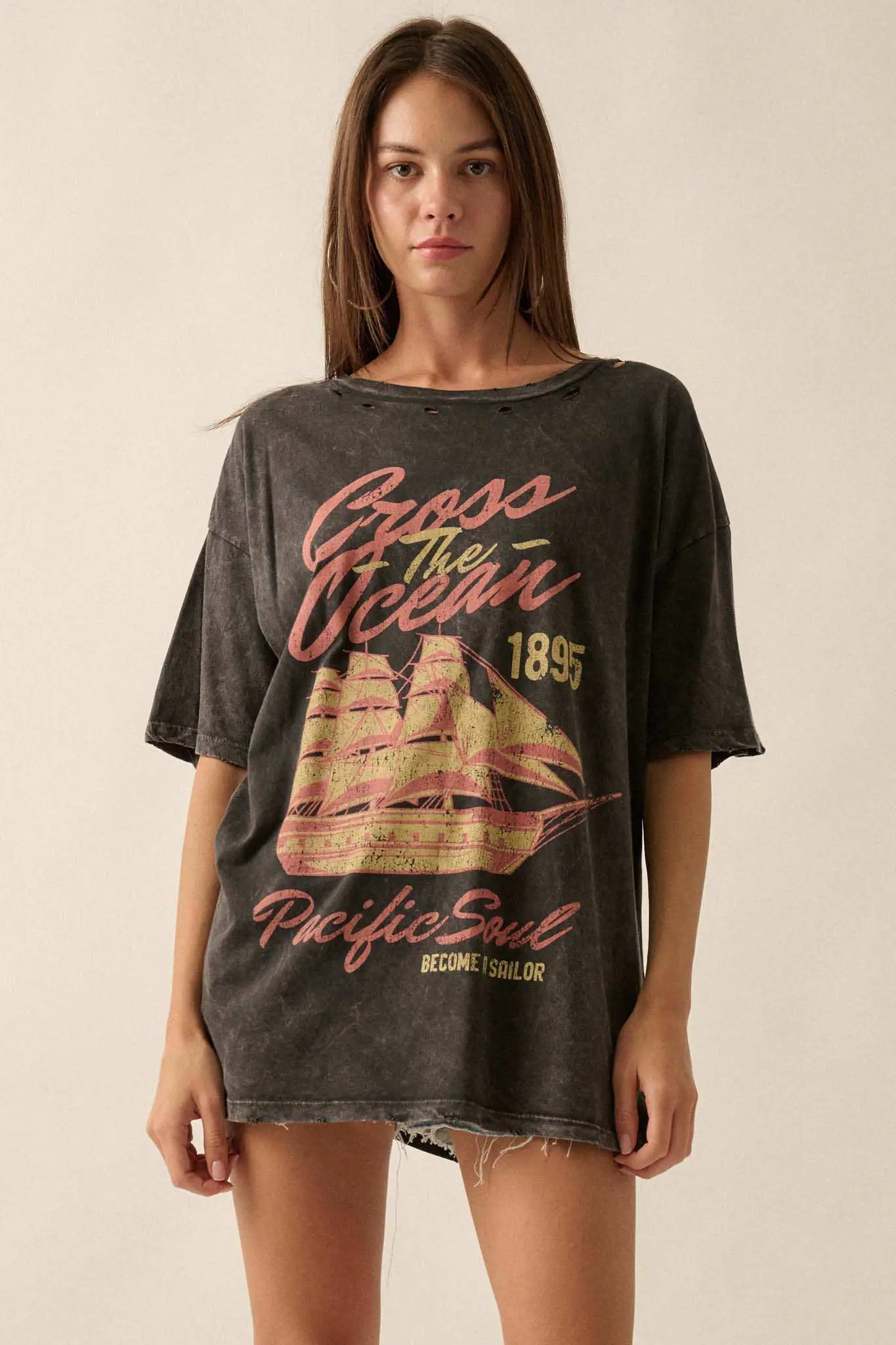 Sailing Ship Distressed Vintage-Wash Graphic Tee - Image 3