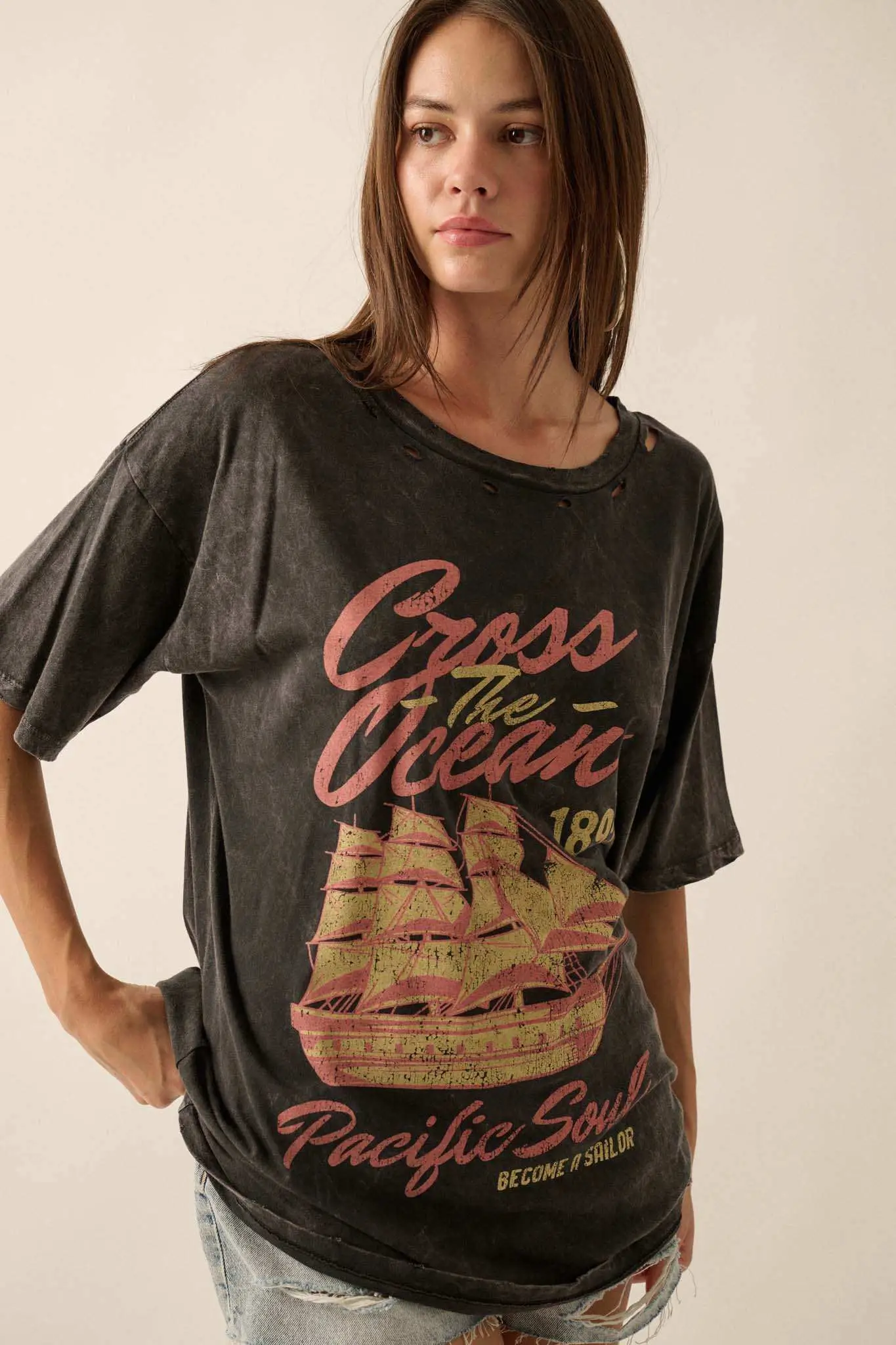 Sailing Ship Distressed Vintage-Wash Graphic Tee - Image 5