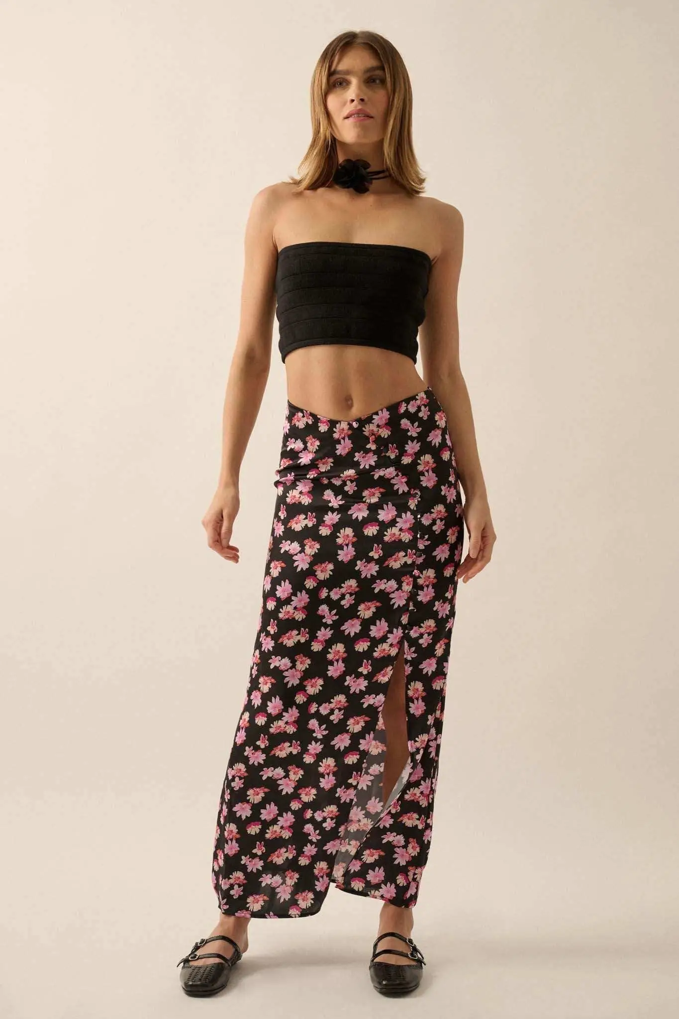 Sassy Blossoms Floral Satin Buttoned Maxi Skirt - Image 10