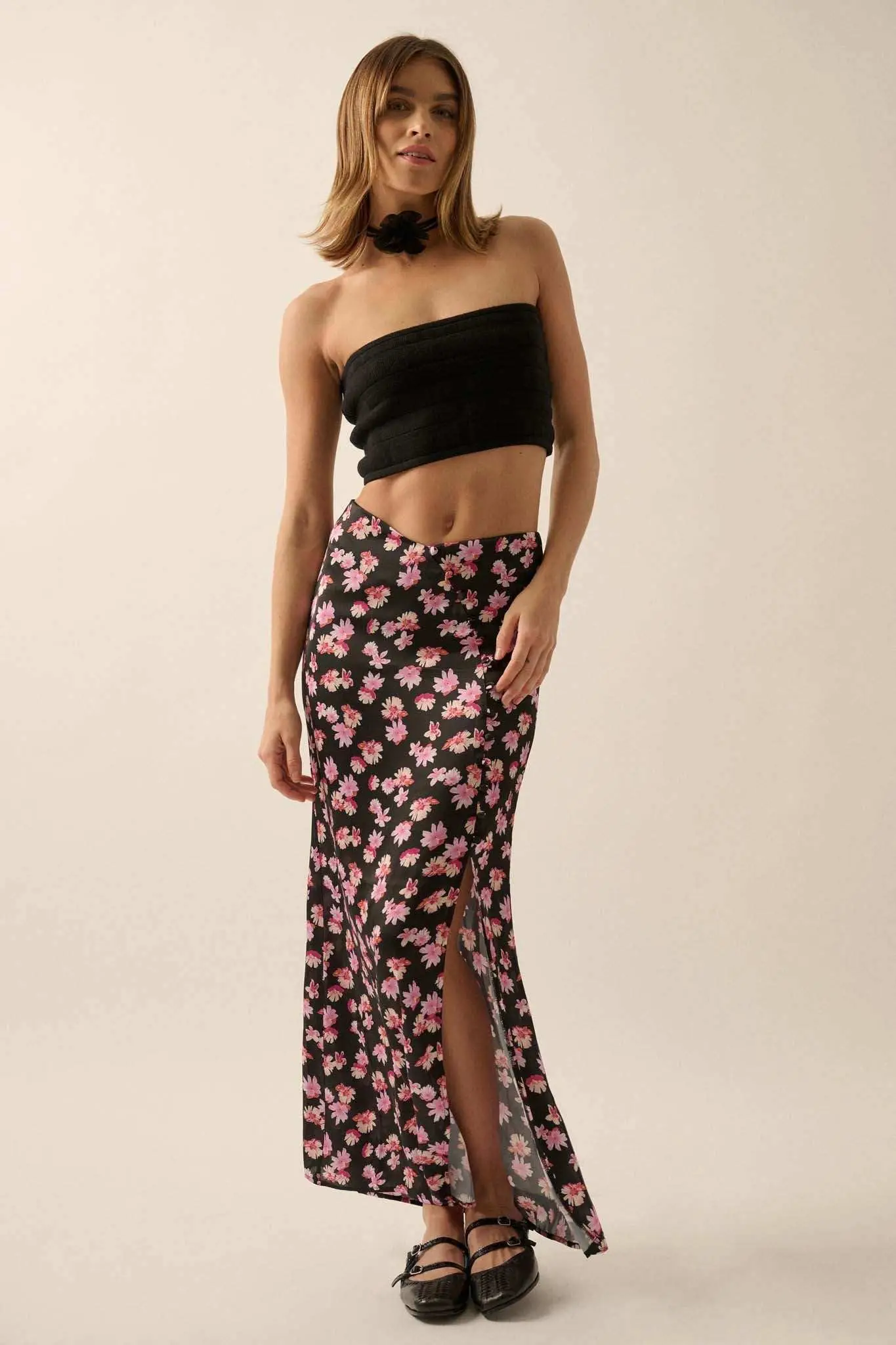 Sassy Blossoms Floral Satin Buttoned Maxi Skirt - Image 12