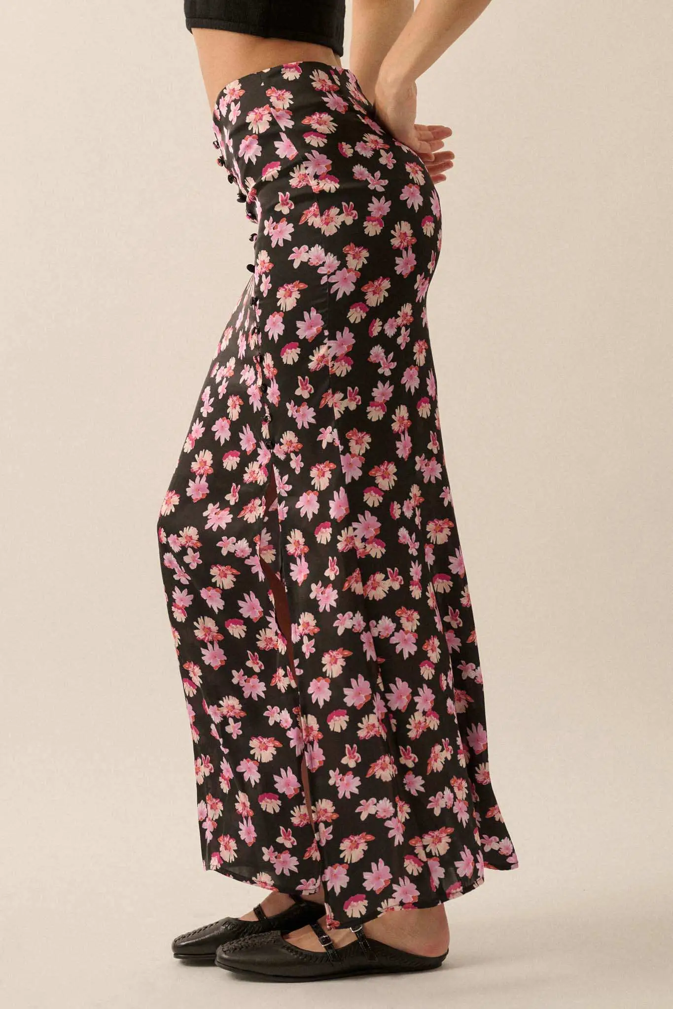 Sassy Blossoms Floral Satin Buttoned Maxi Skirt - Image 13