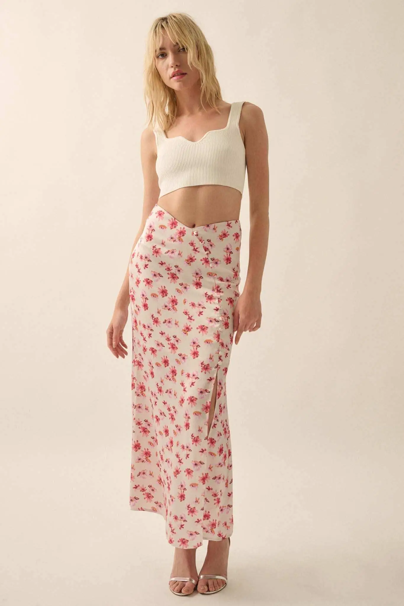 Sassy Blossoms Floral Satin Buttoned Maxi Skirt - Image 3