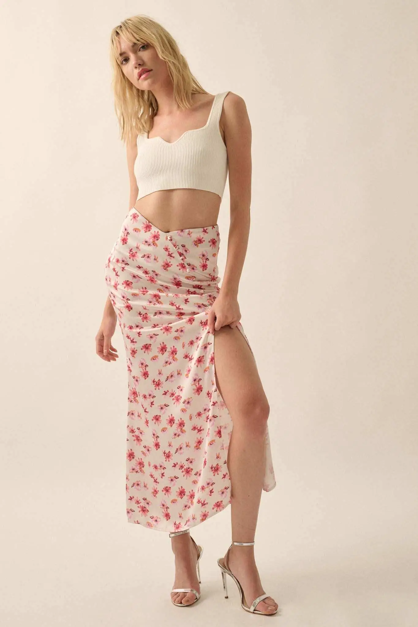 Sassy Blossoms Floral Satin Buttoned Maxi Skirt - Image 5