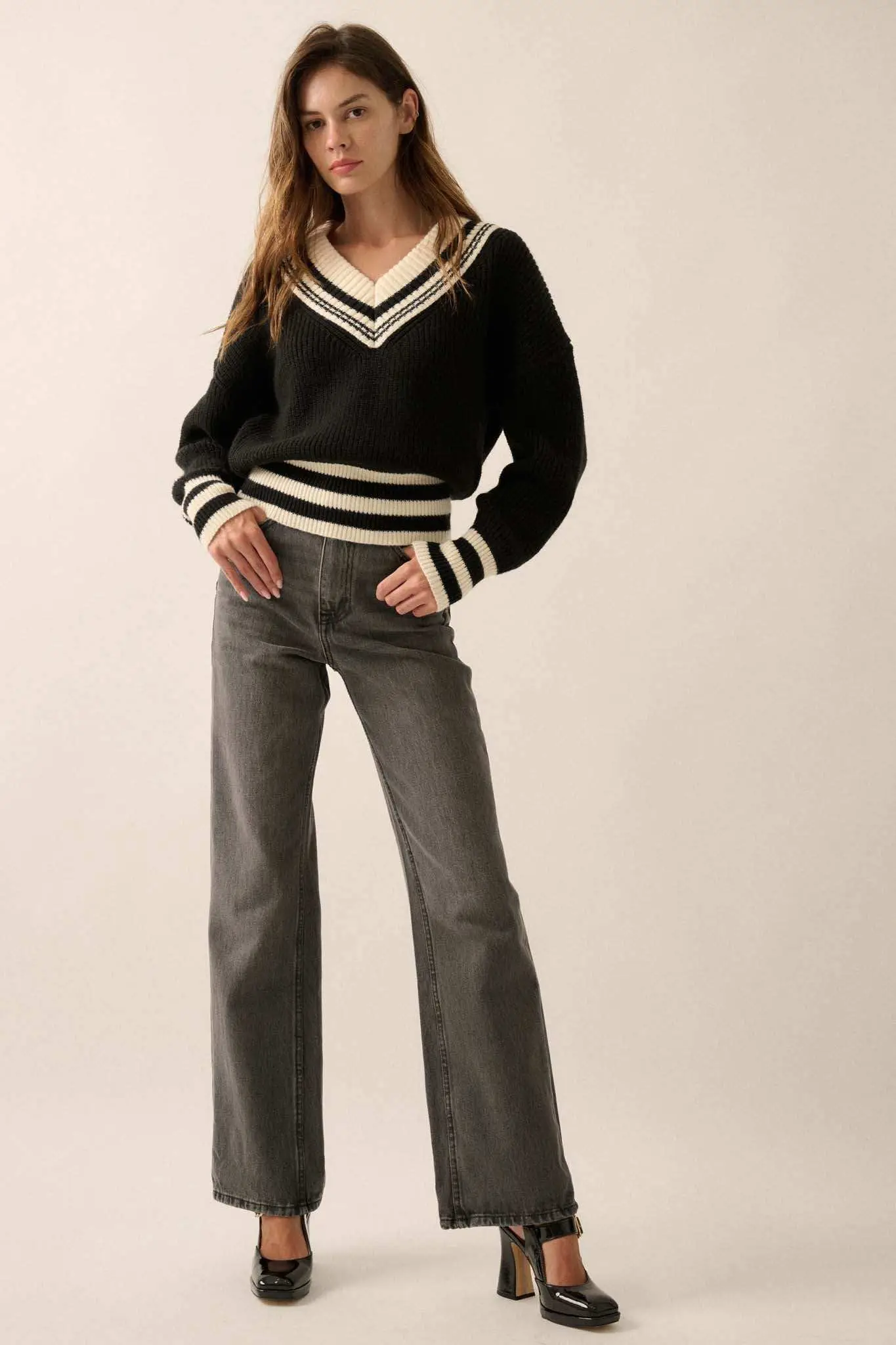 Serving Love Varsity-Stripe V-Neck Sweater - Image 13