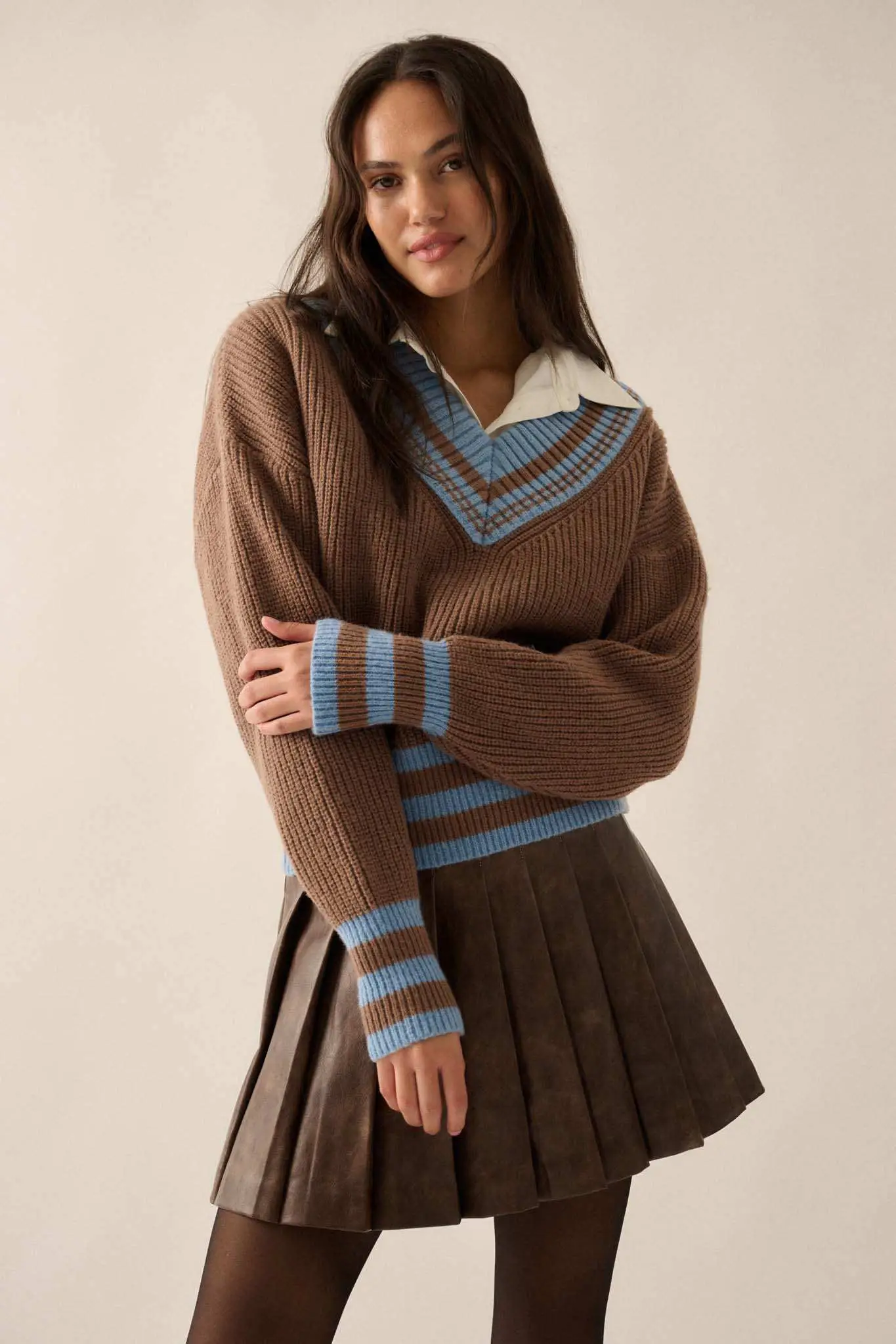 Serving Love Varsity-Stripe V-Neck Sweater - Image 4