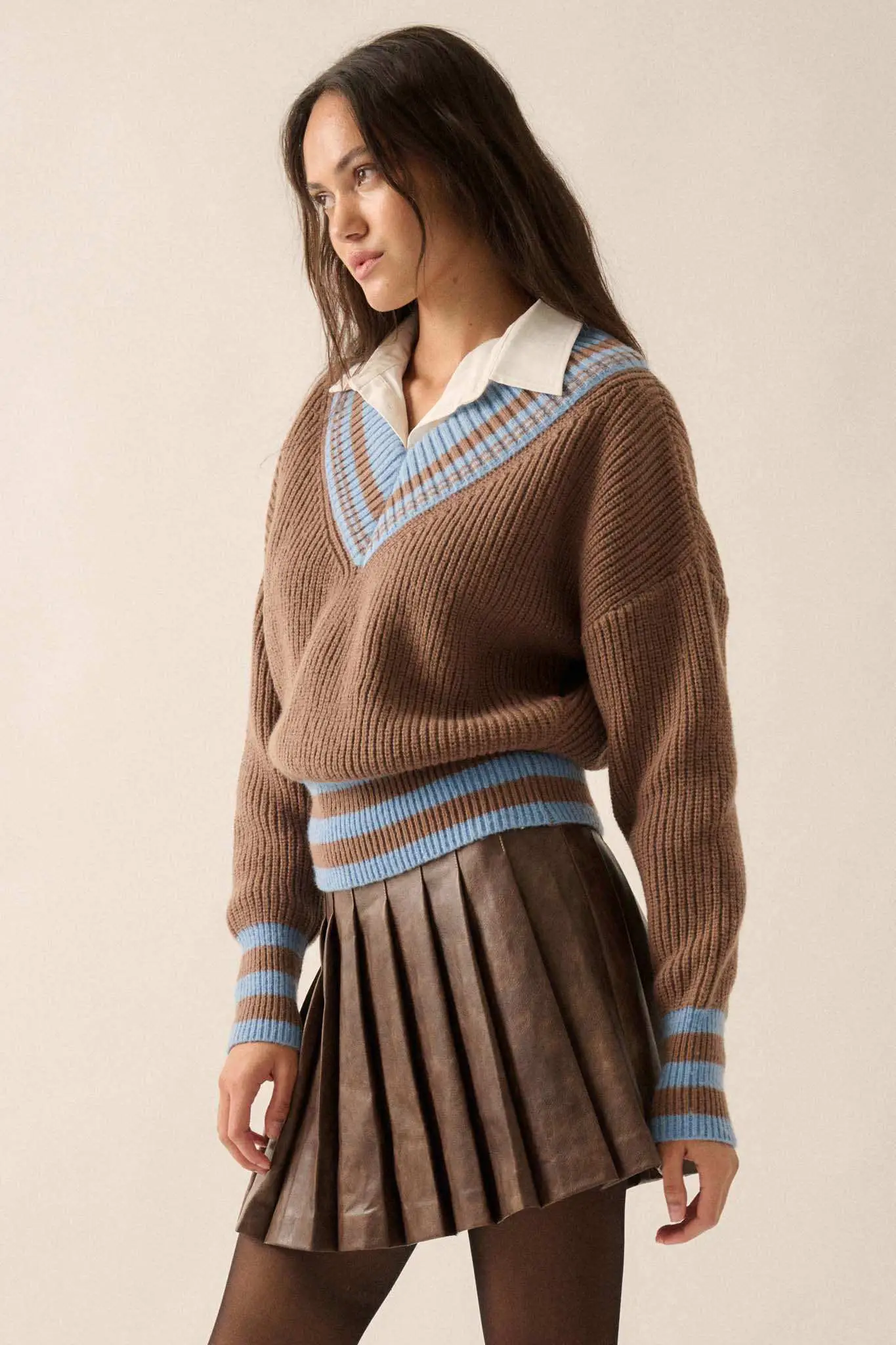 Serving Love Varsity-Stripe V-Neck Sweater - Image 9