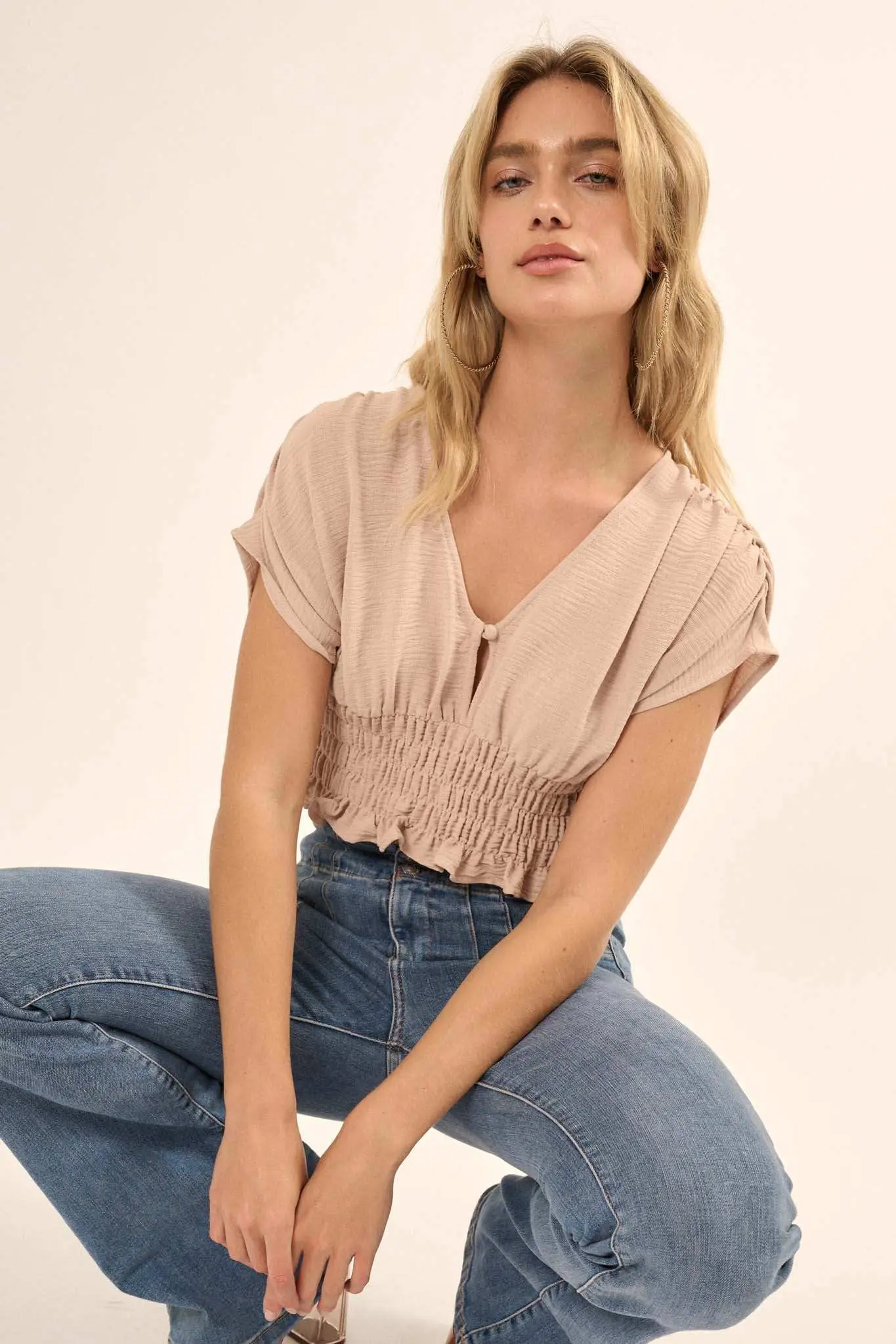 Set Yourself Free Smocked Kimono-Sleeve Crop Top - Image 12