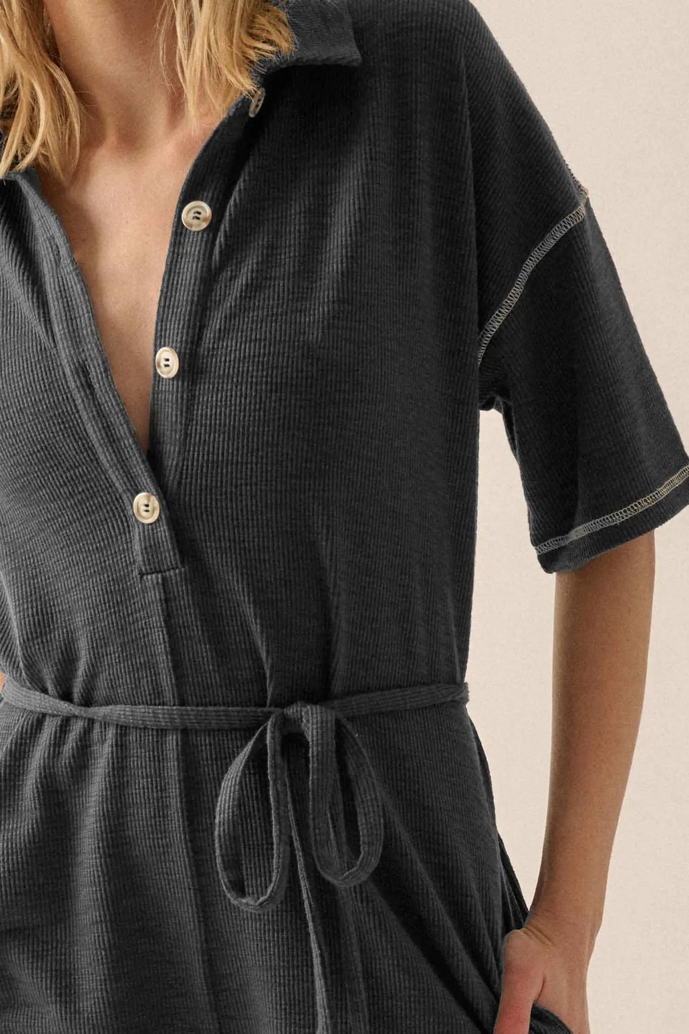Sew It Goes Belted Rib-Knit Half-Button Romper - Image 4