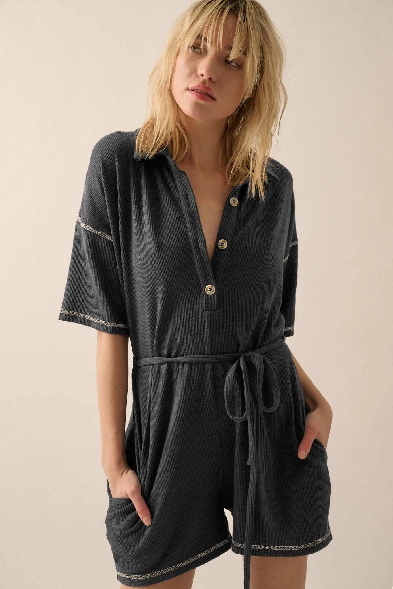 Sew It Goes Belted Rib-Knit Half-Button Romper - Image 5