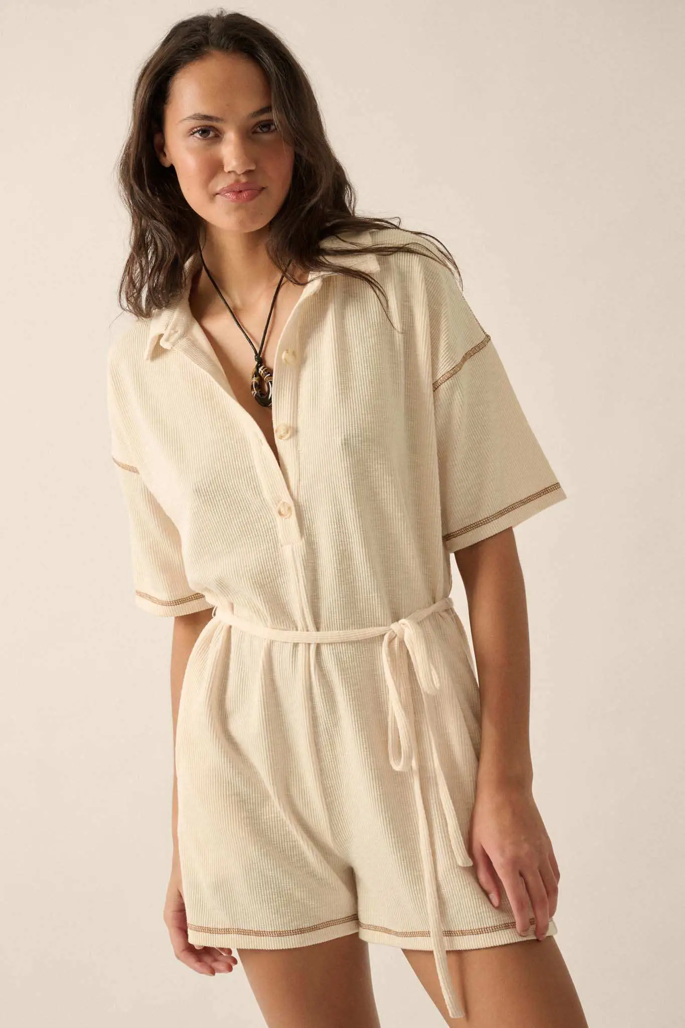 Sew It Goes Belted Rib-Knit Half-Button Romper - Image 7