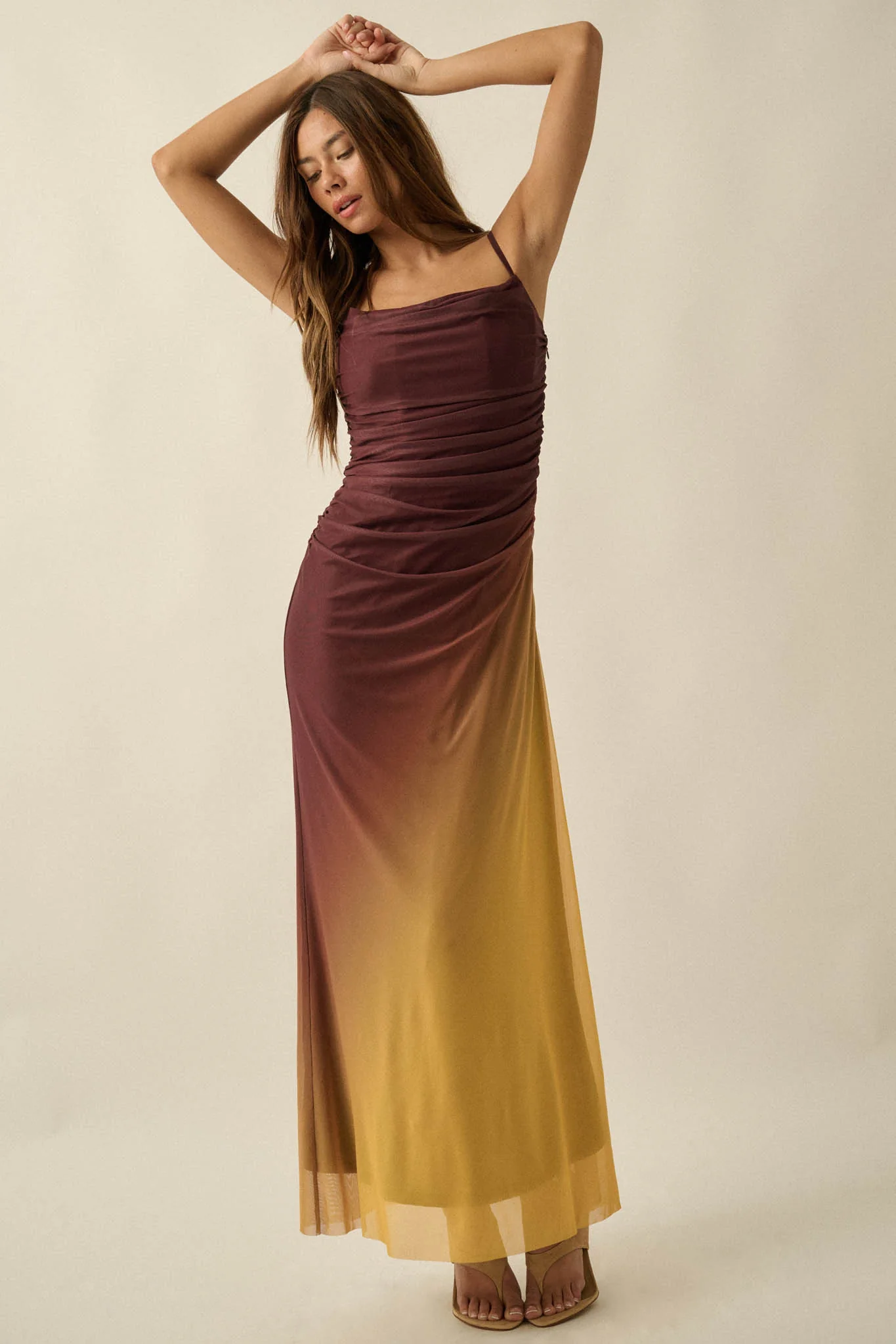 Shades of You Ombre Mesh Ruched Maxi Dress