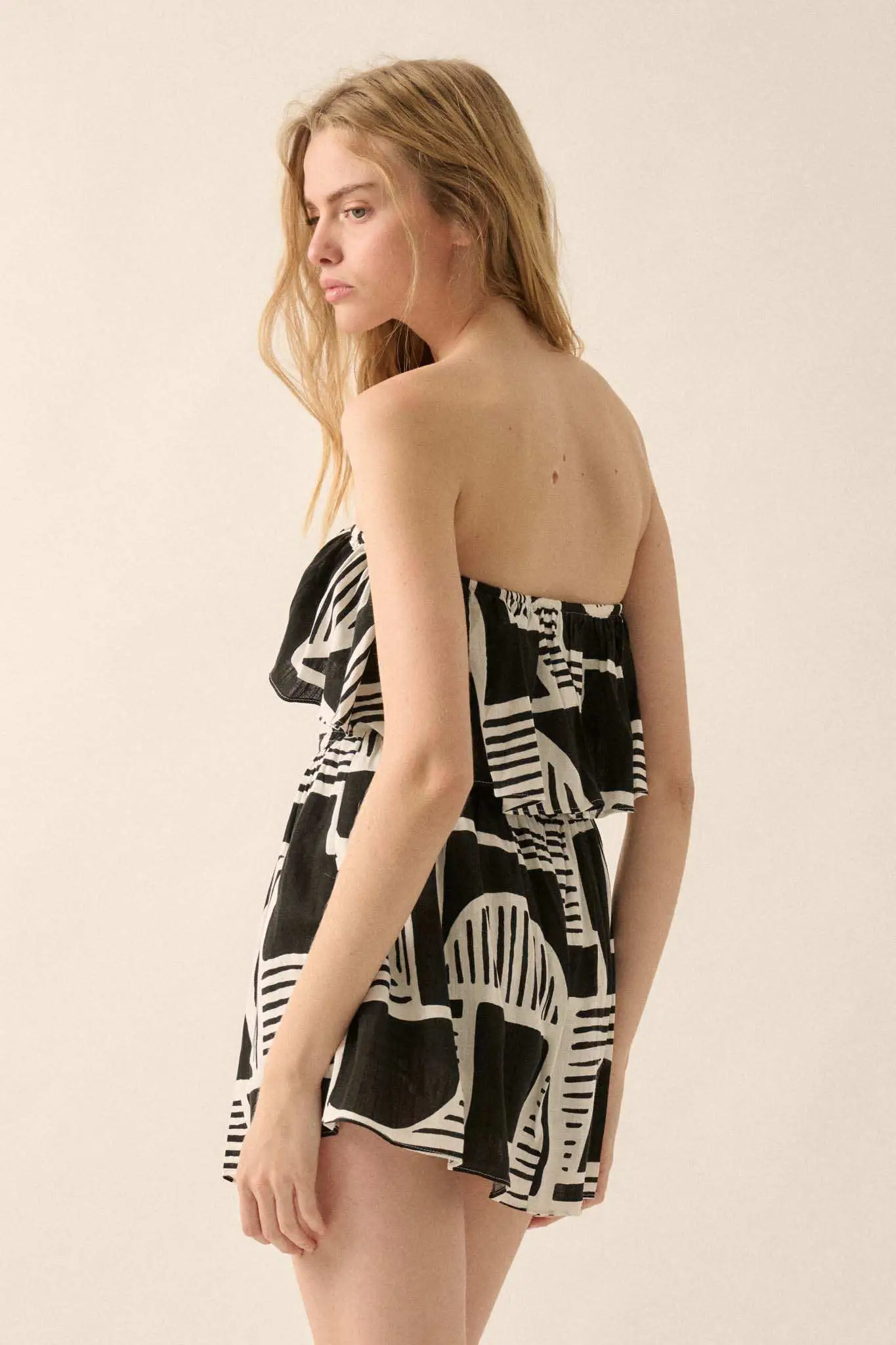Shape of You Geo-Print Strapless Flounce Romper - Image 2