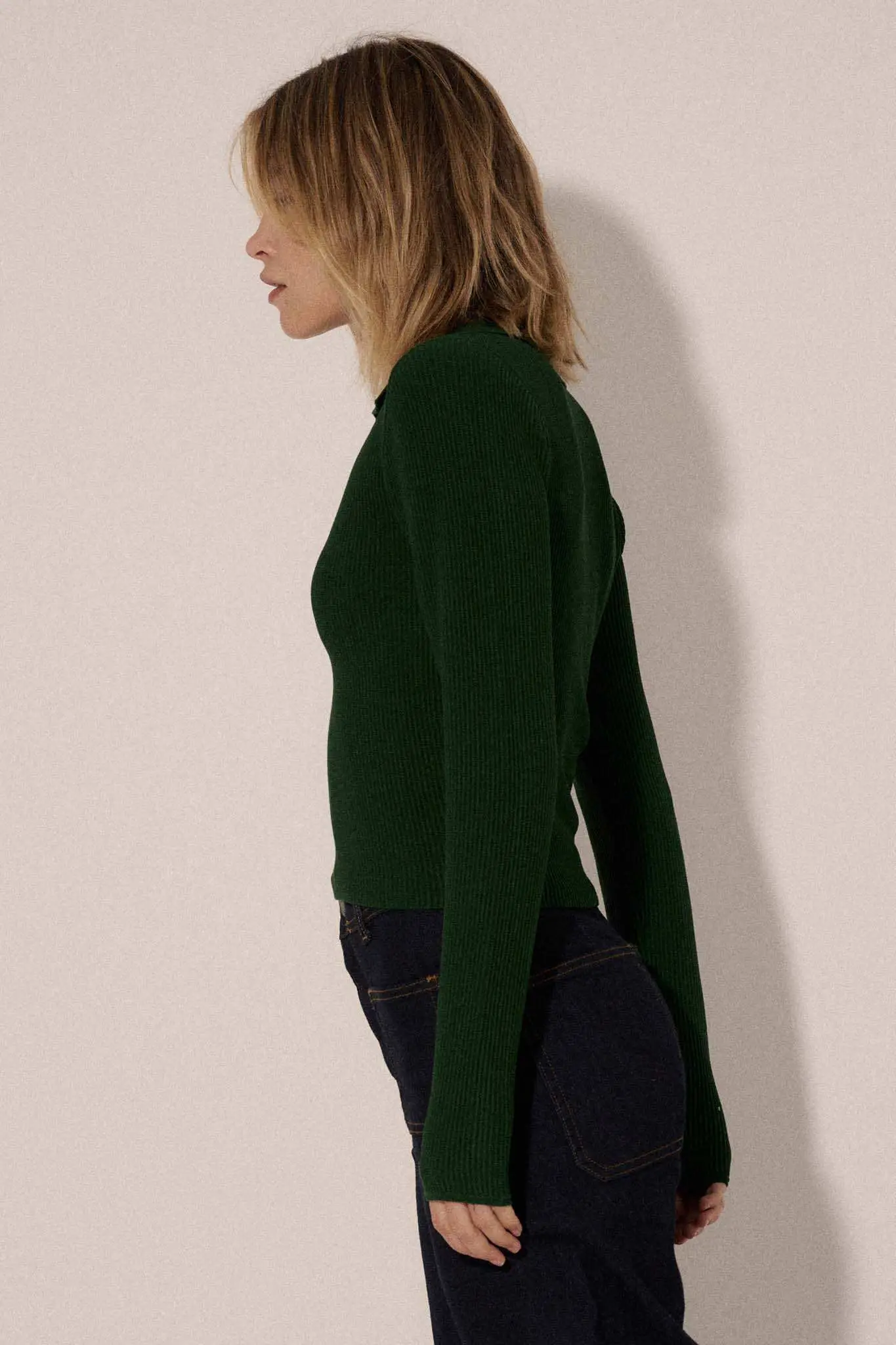 Shaper Fit Collared Long-Sleeve Rib-Knit Top - Image 11