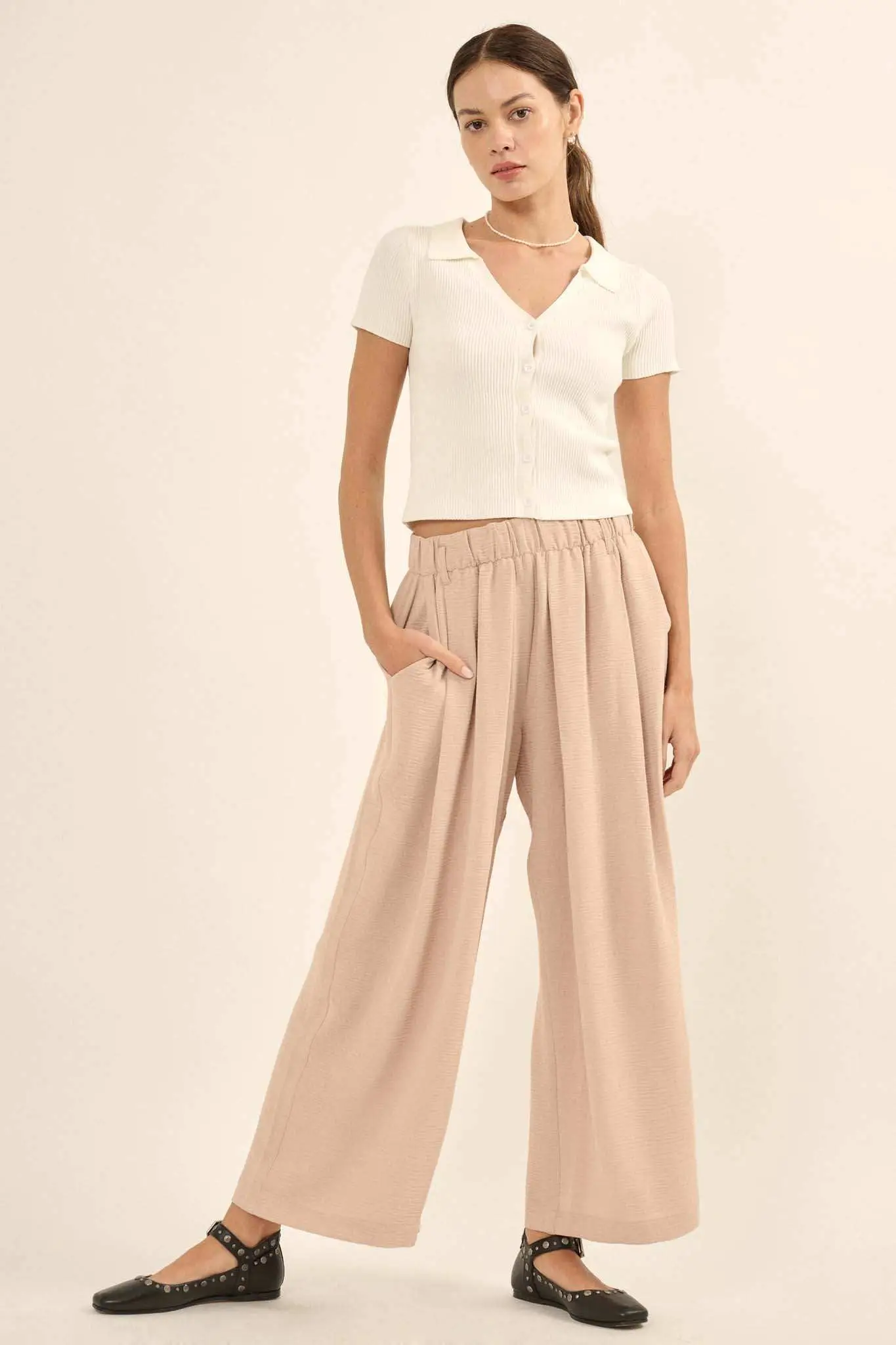 Shaper Fit Collared Rib-Knit Button-Front Top - Image 10