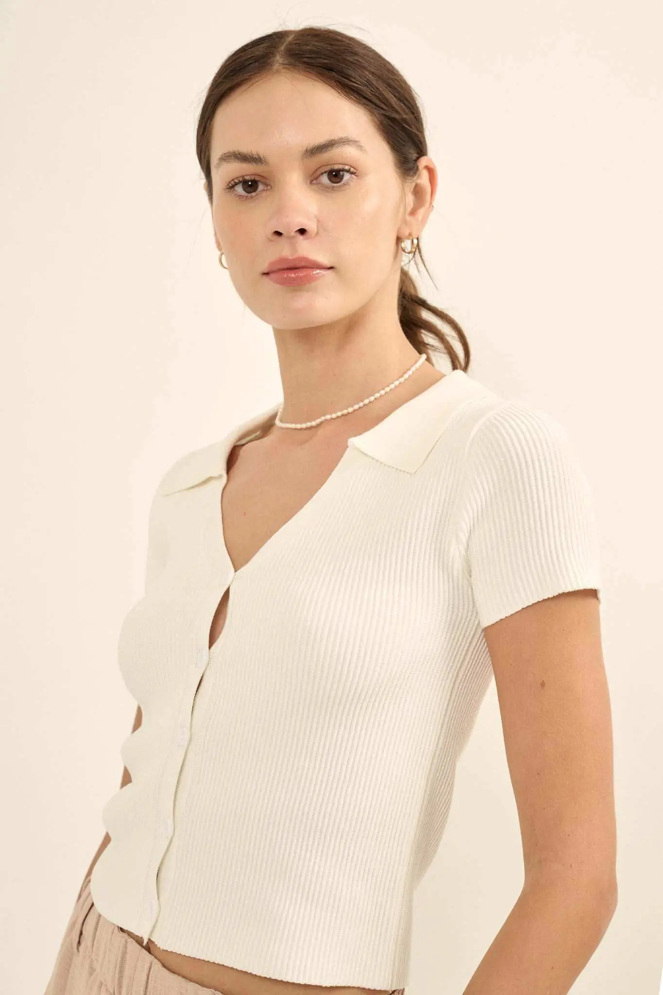Shaper Fit Collared Rib-Knit Button-Front Top - Image 11