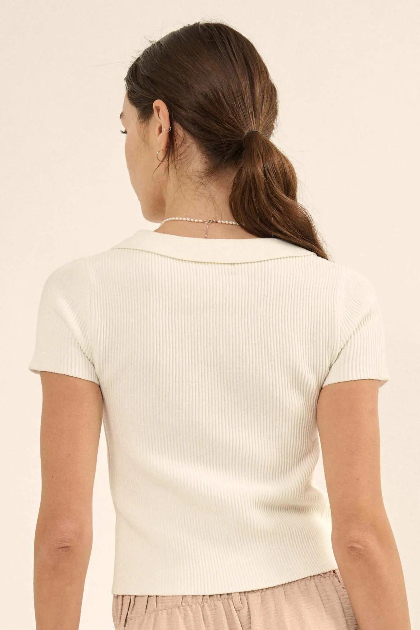Shaper Fit Collared Rib-Knit Button-Front Top - Image 12