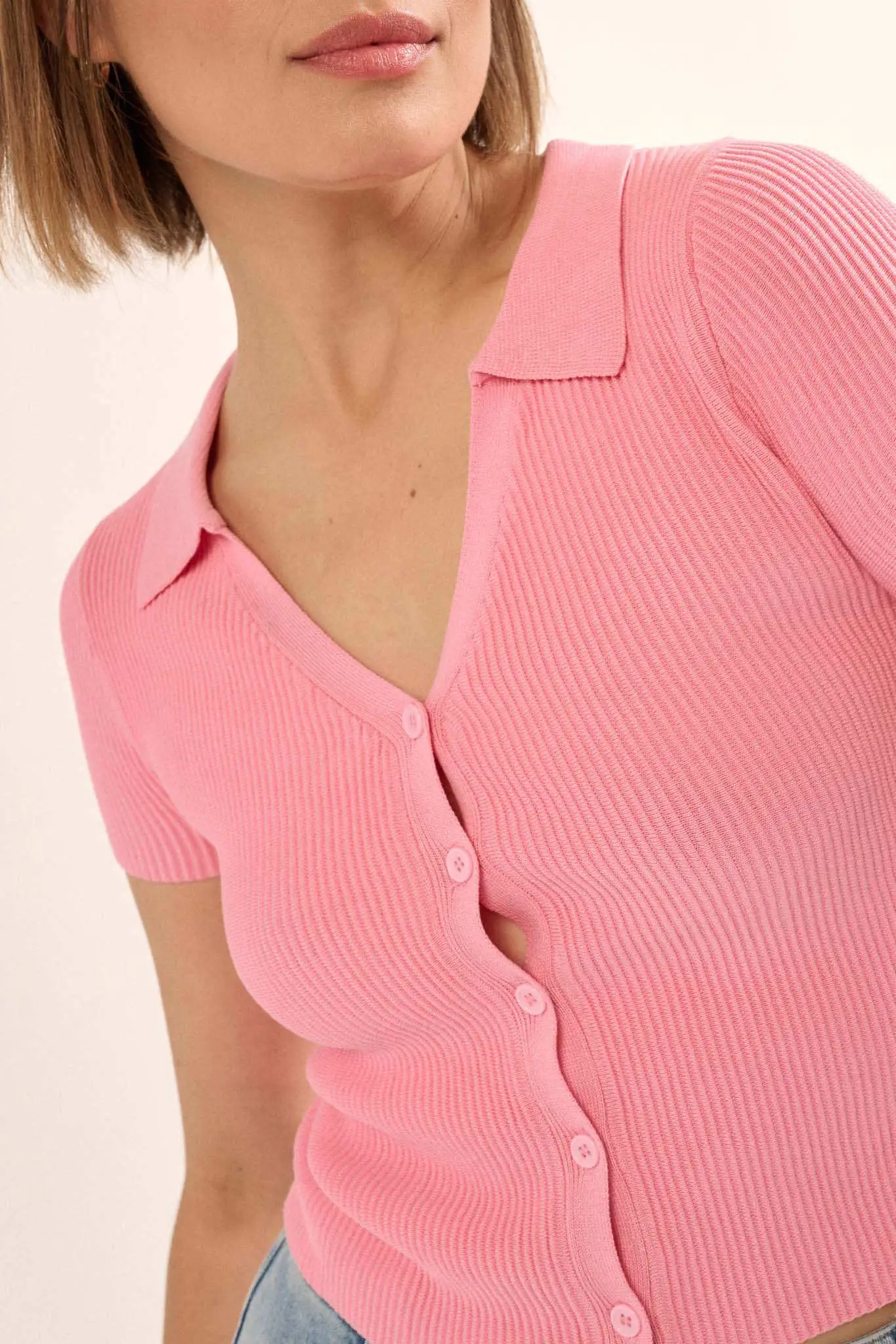 Shaper Fit Collared Rib-Knit Button-Front Top - Image 15