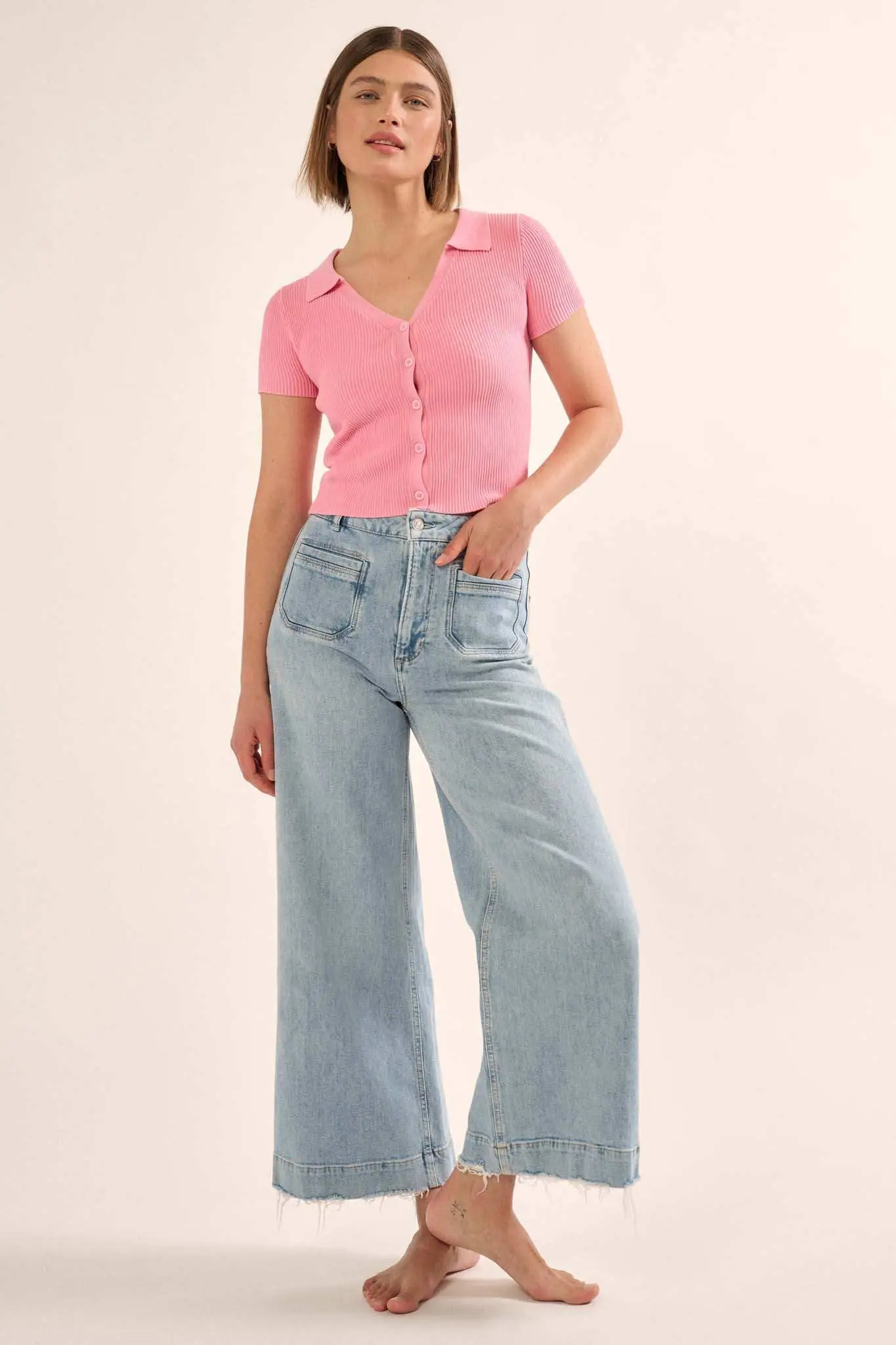 Shaper Fit Collared Rib-Knit Button-Front Top - Image 16