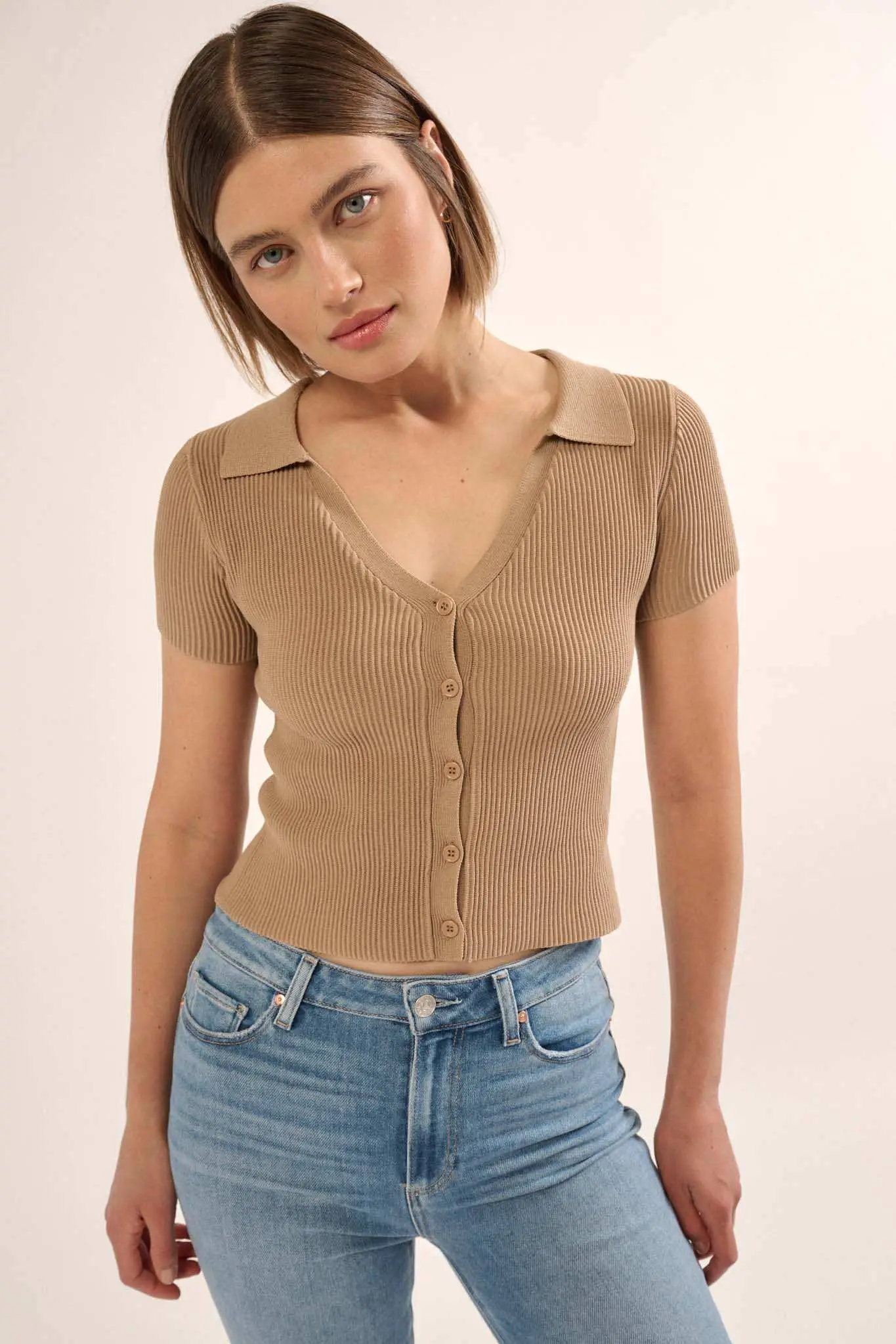 Shaper Fit Collared Rib-Knit Button-Front Top - Image 24