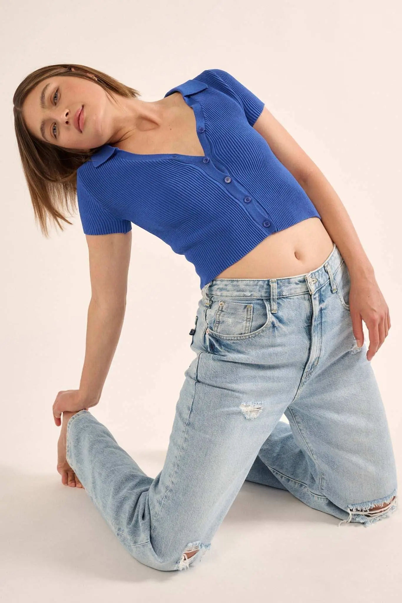 Shaper Fit Collared Rib-Knit Button-Front Top - Image 6