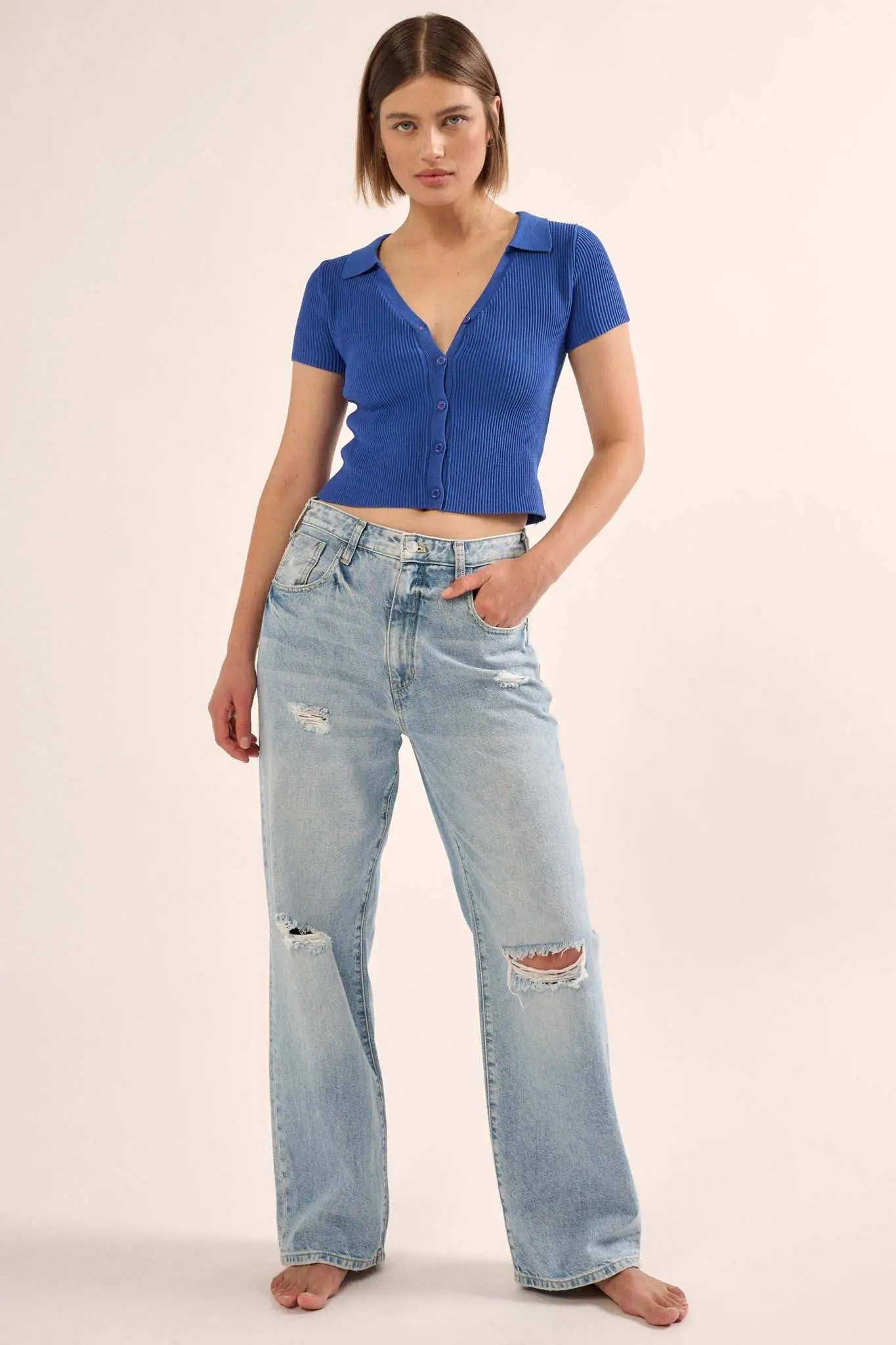 Shaper Fit Collared Rib-Knit Button-Front Top - Image 7