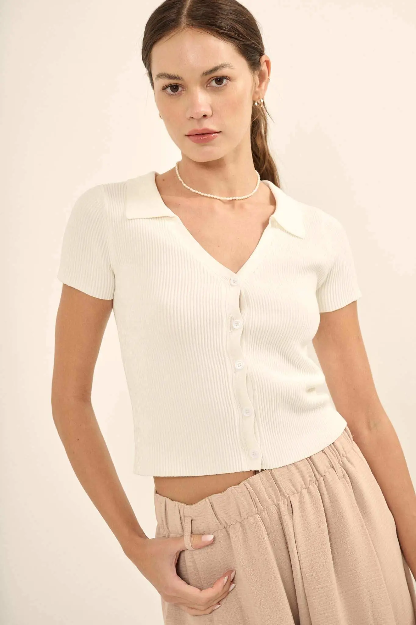 Shaper Fit Collared Rib-Knit Button-Front Top - Image 9