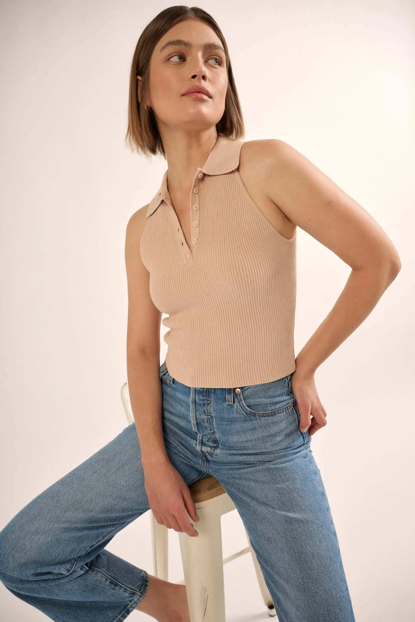 Shaper Fit Collared Rib-Knit Sleeveless Polo Top - Image 3