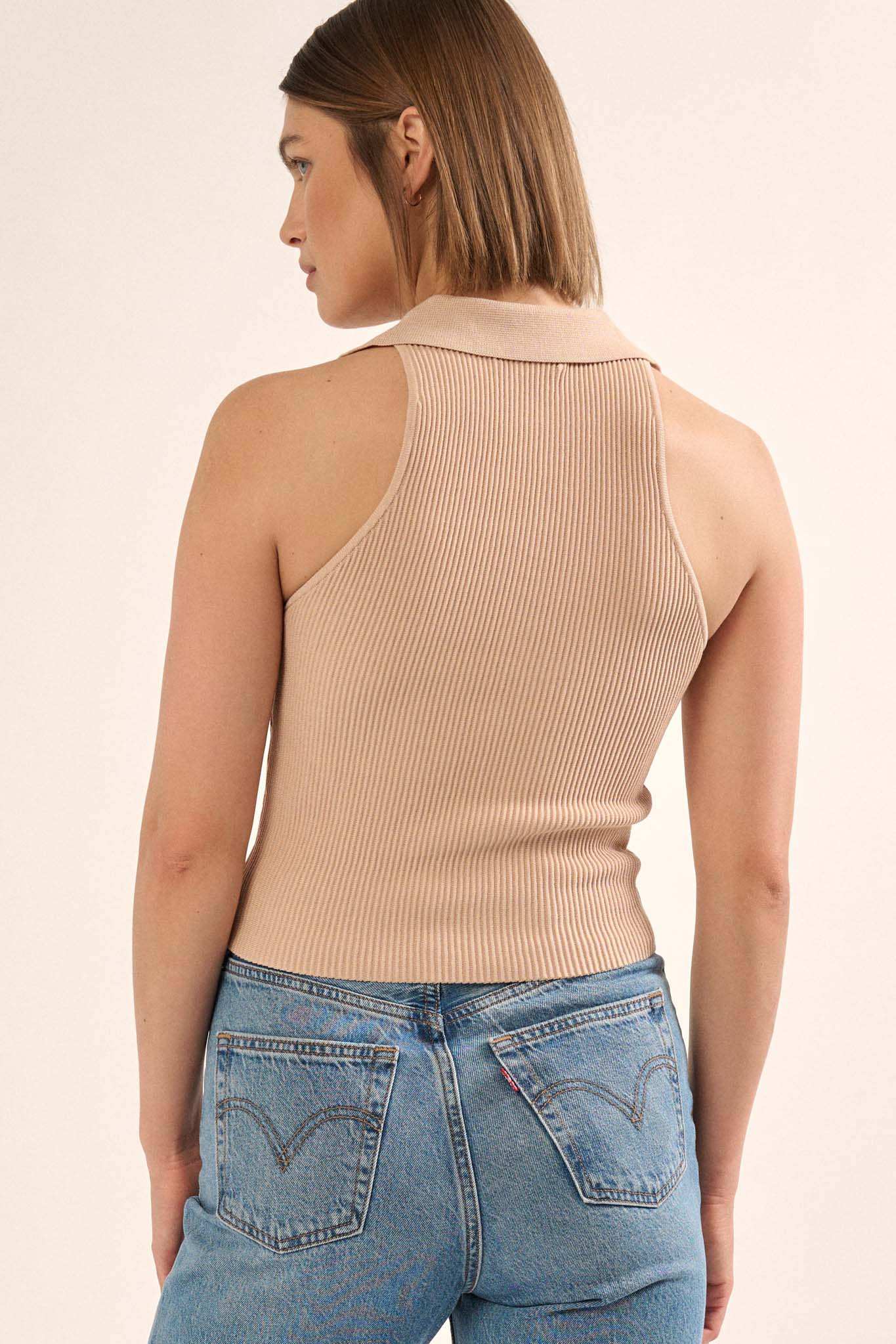 Shaper Fit Collared Rib-Knit Sleeveless Polo Top - Image 4