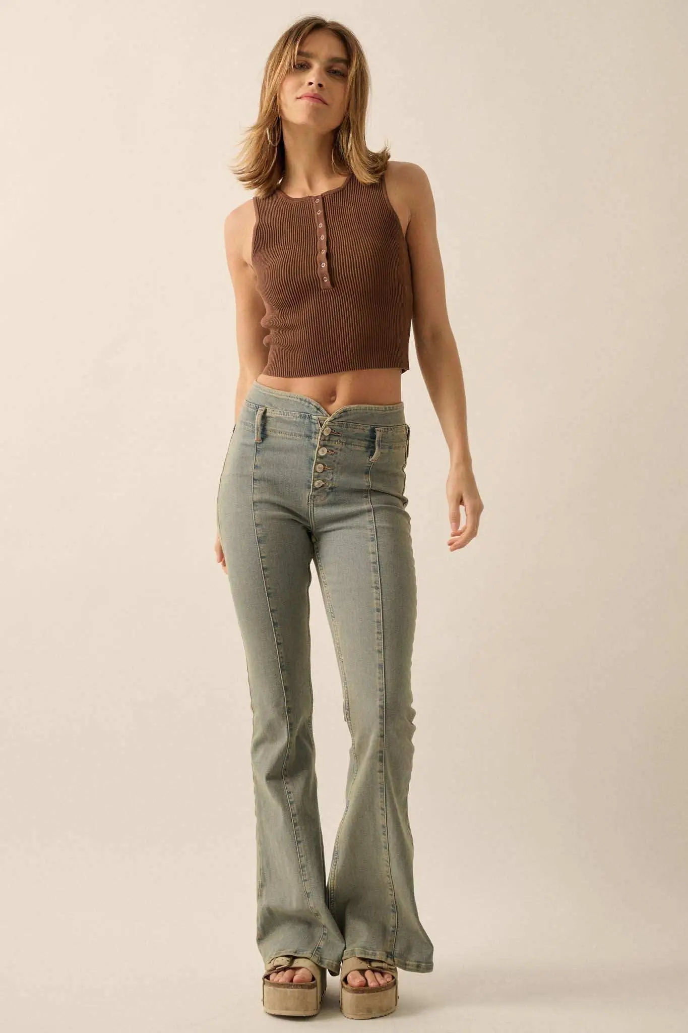 Shaper Fit Cropped Rib-Knit Sleeveless Henley Top - Image 14