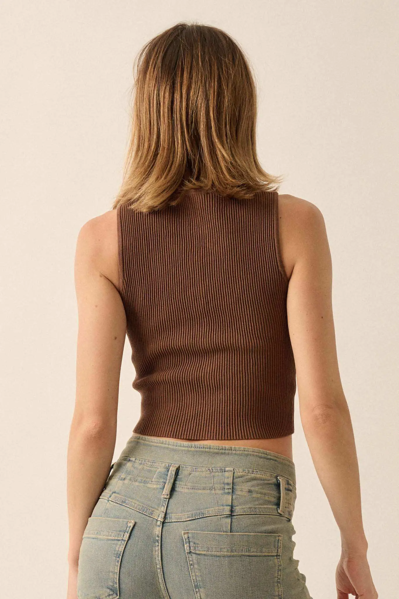 Shaper Fit Cropped Rib-Knit Sleeveless Henley Top - Image 18